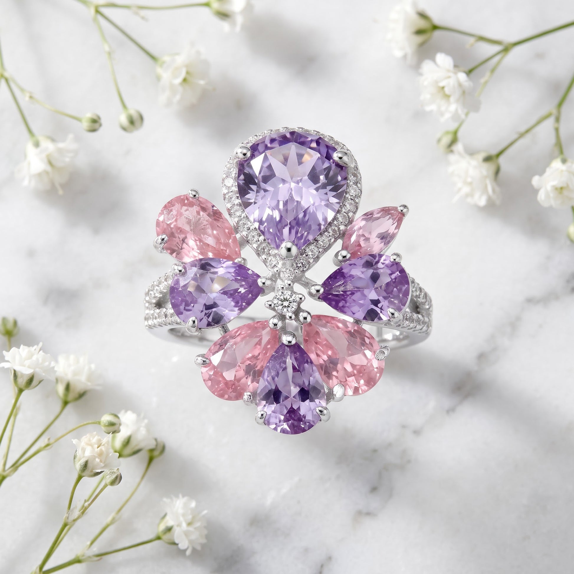 Sterling Silver Pink & Lavender CZ Cluster Ring for Women, Cubic Zirconia, Promise Ring Gift view 1