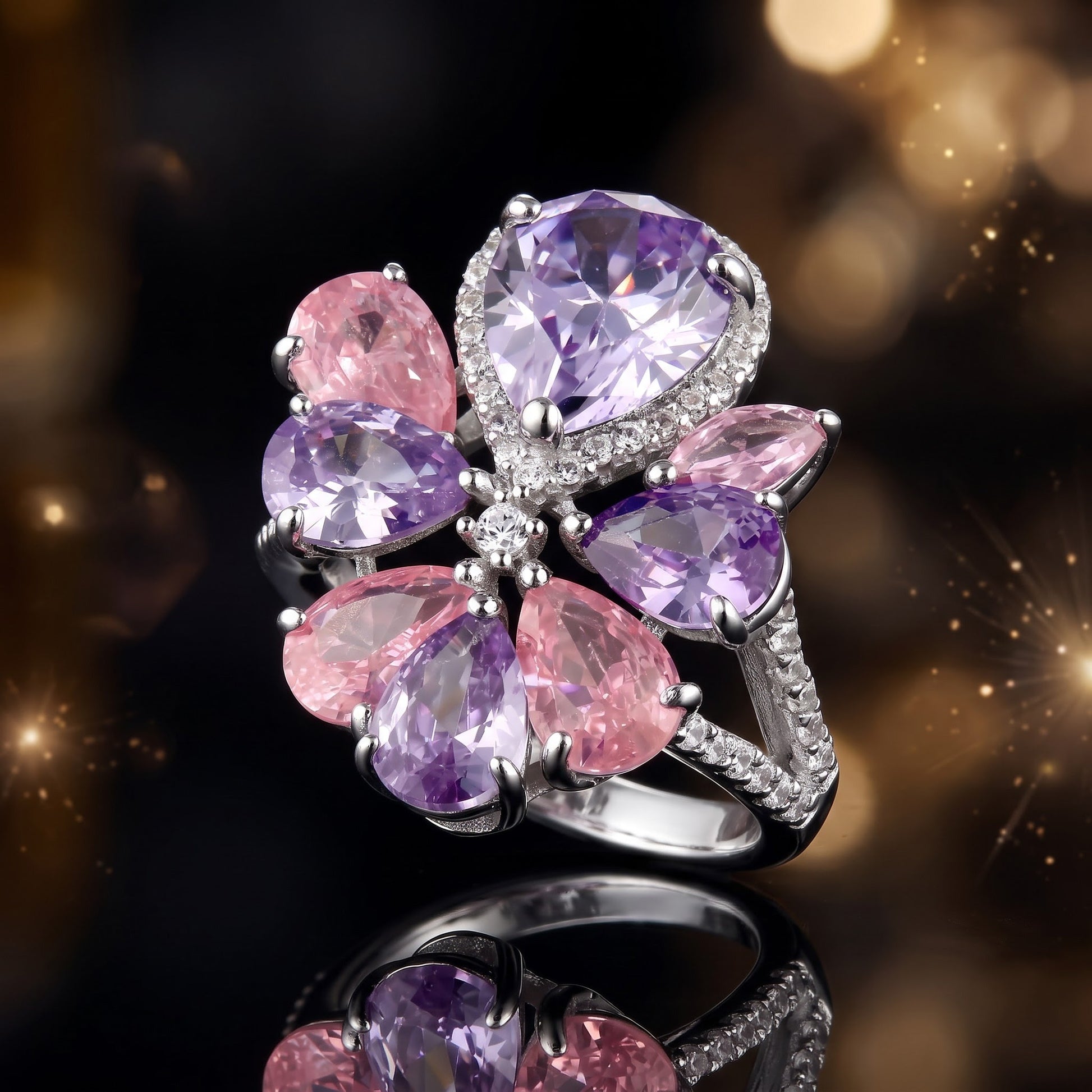 Sterling Silver Pink & Lavender CZ Cluster Ring for Women, Cubic Zirconia, Promise Ring Gift view 4