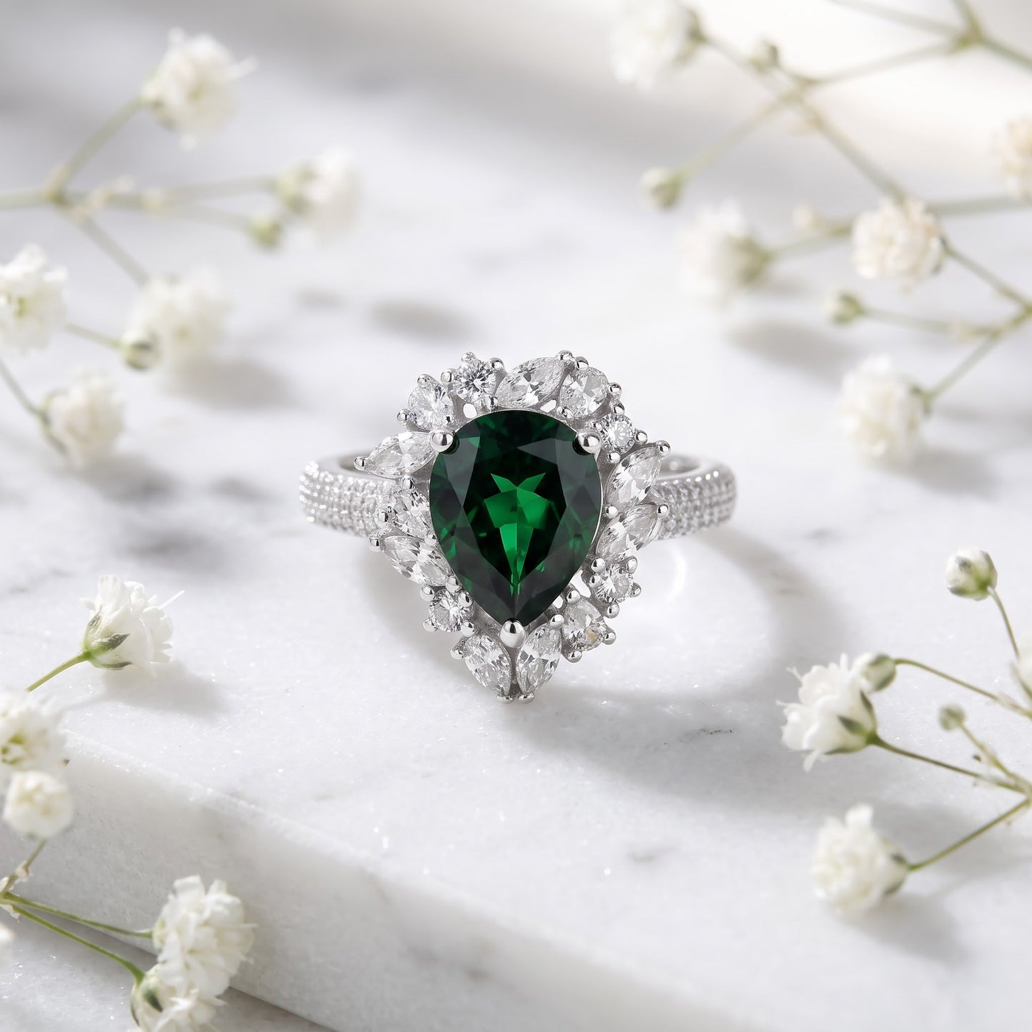 Sterling Silver Extravagant Pear Cut Emerald CZ Halo Ring for Women, Pear Cubic Zirconia, Promise Ring Gift view 1