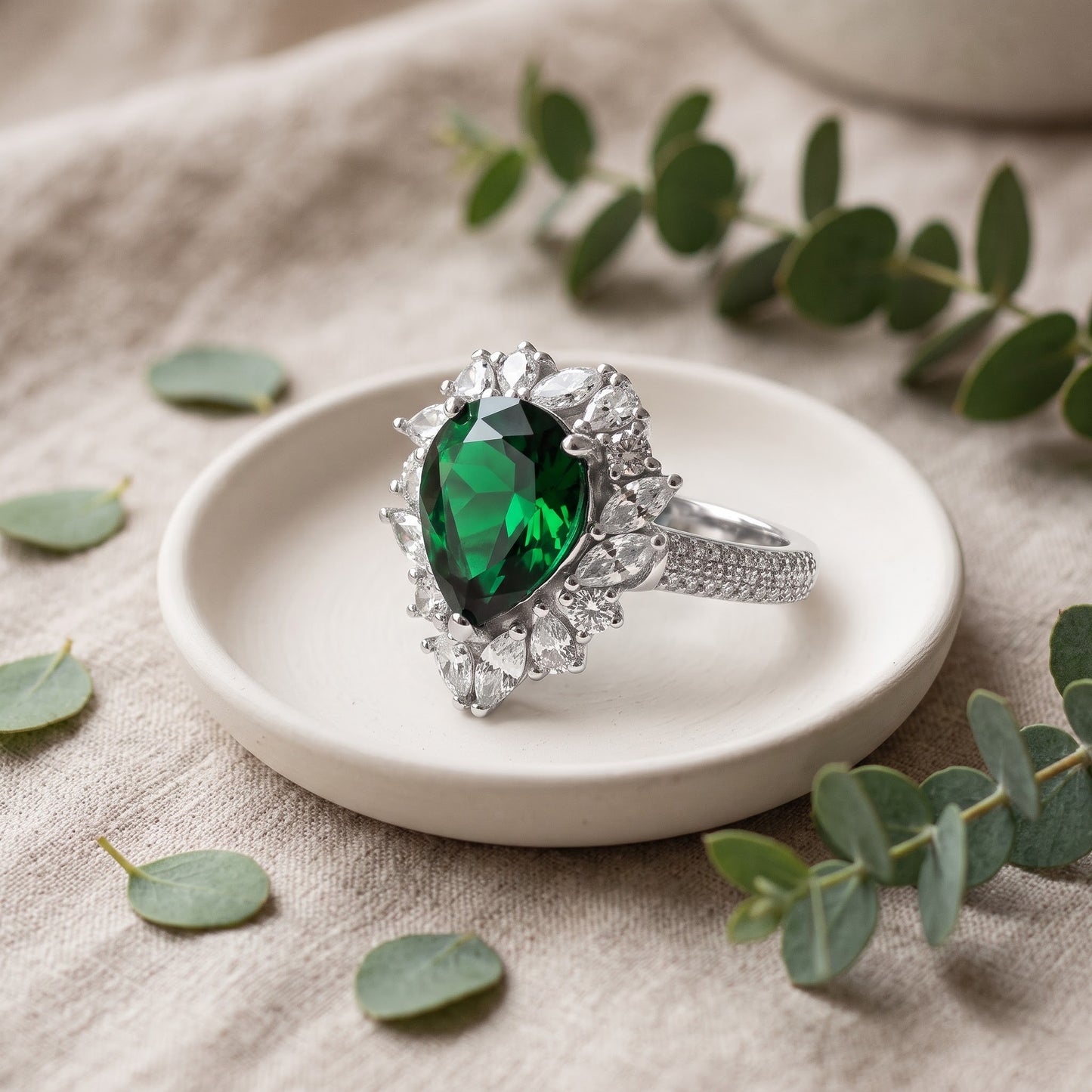 Sterling Silver Extravagant Pear Cut Emerald CZ Halo Ring for Women, Pear Cubic Zirconia, Promise Ring Gift view 2