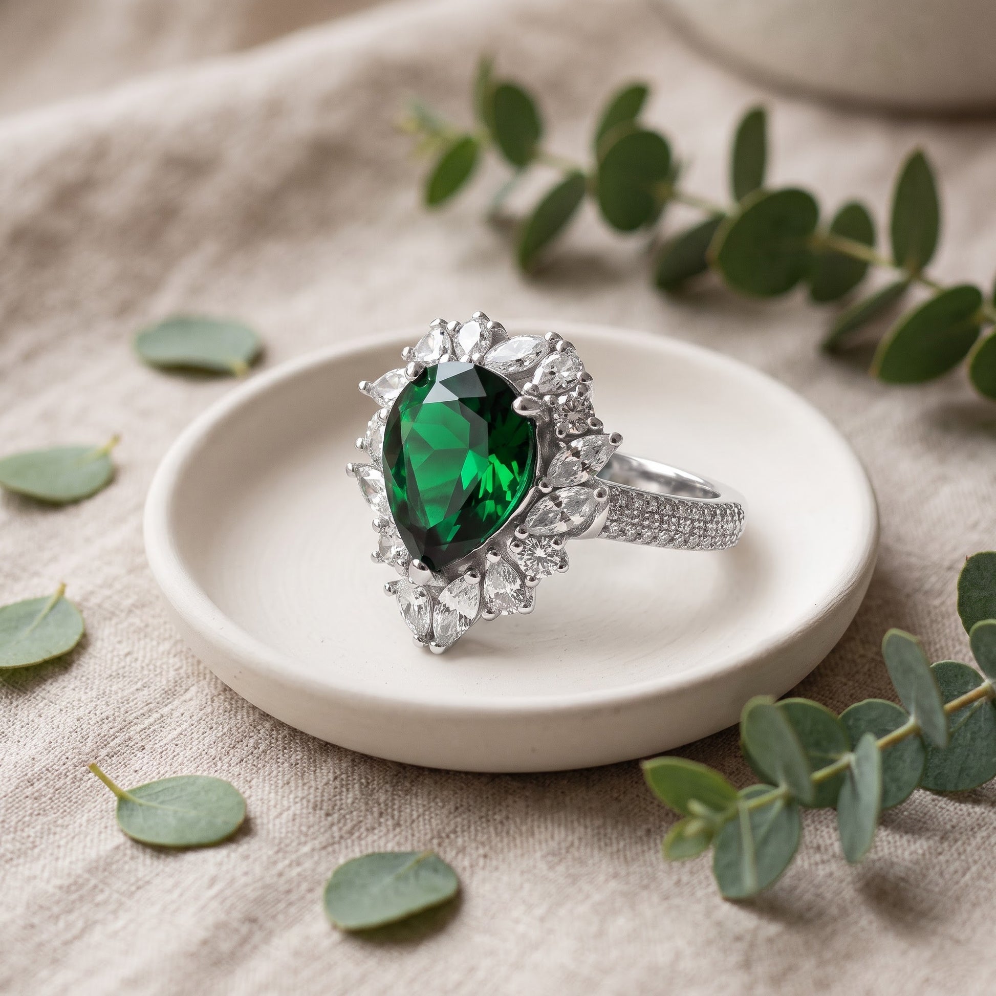 Sterling Silver Extravagant Pear Cut Emerald CZ Halo Ring for Women, Pear Cubic Zirconia, Promise Ring Gift view 2