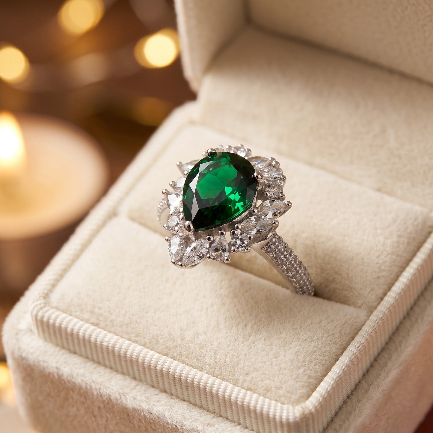Sterling Silver Extravagant Pear Cut Emerald CZ Halo Ring for Women, Pear Cubic Zirconia, Promise Ring Gift view 3