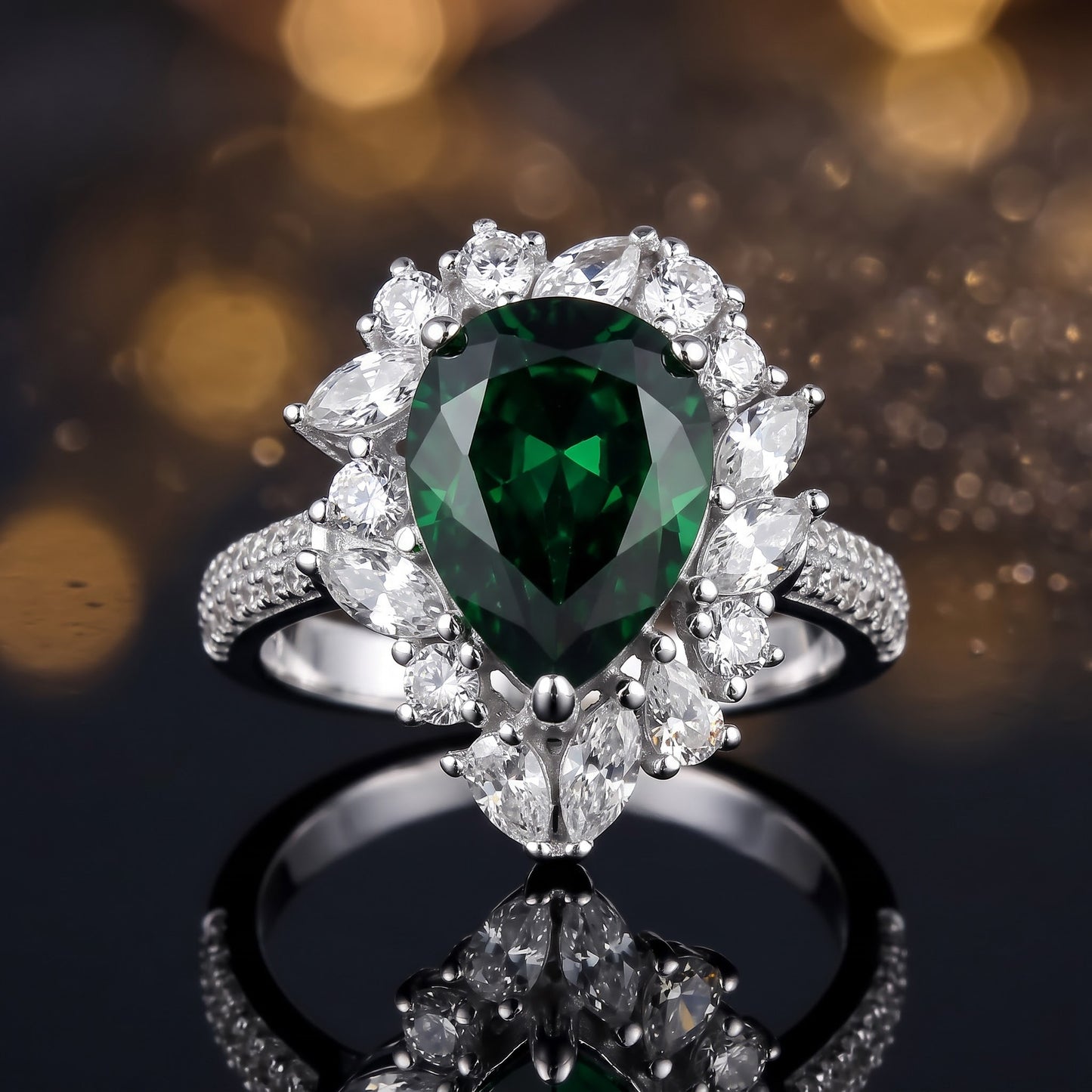 Sterling Silver Extravagant Pear Cut Emerald CZ Halo Ring for Women, Pear Cubic Zirconia, Promise Ring Gift view 4