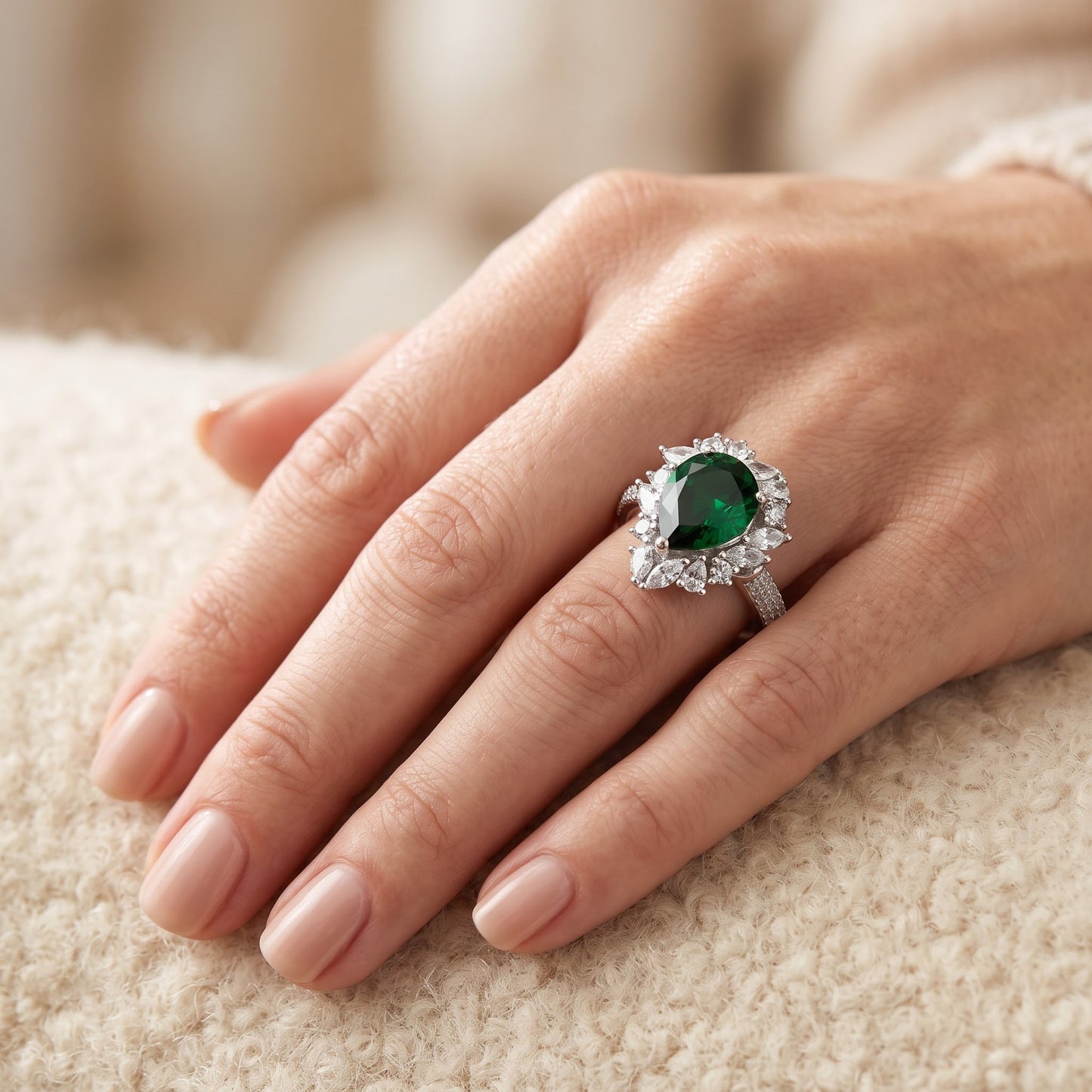 Sterling Silver Extravagant Pear Cut Emerald CZ Halo Ring for Women, Pear Cubic Zirconia, Promise Ring Gift view 5