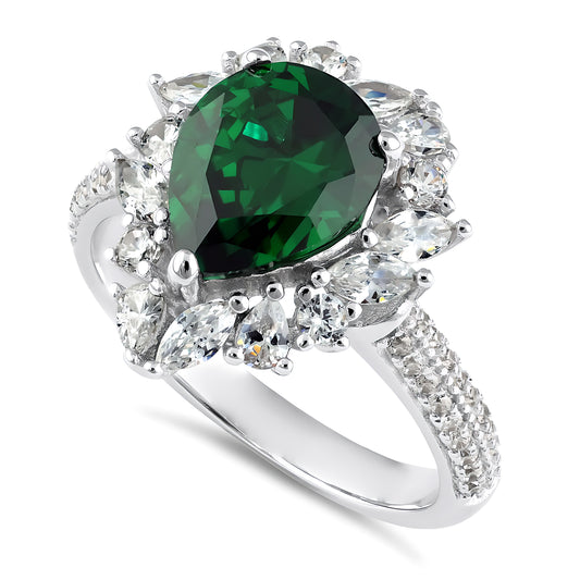 Sterling Silver Extravagant Pear Cut Emerald CZ Halo Ring for Women, Pear Cubic Zirconia, Promise Ring Gift