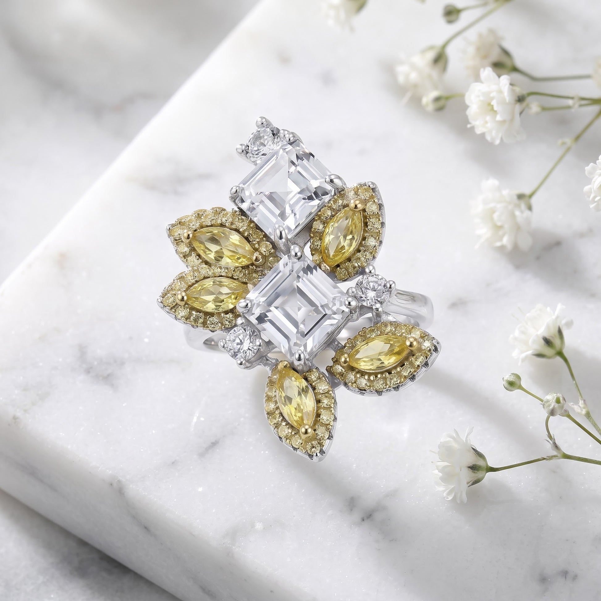 Sterling Silver Yellow & Clear CZ Cluster Ring for Women, Cubic Zirconia, Promise Ring Gift view 1