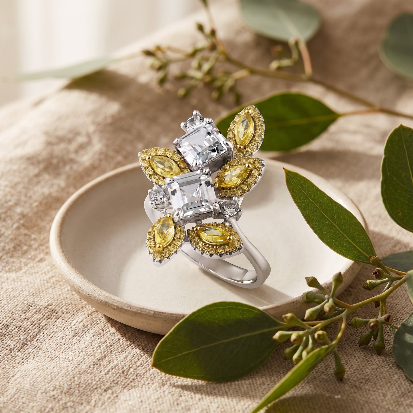 Sterling Silver Yellow & Clear CZ Cluster Ring for Women, Cubic Zirconia, Promise Ring Gift view 2
