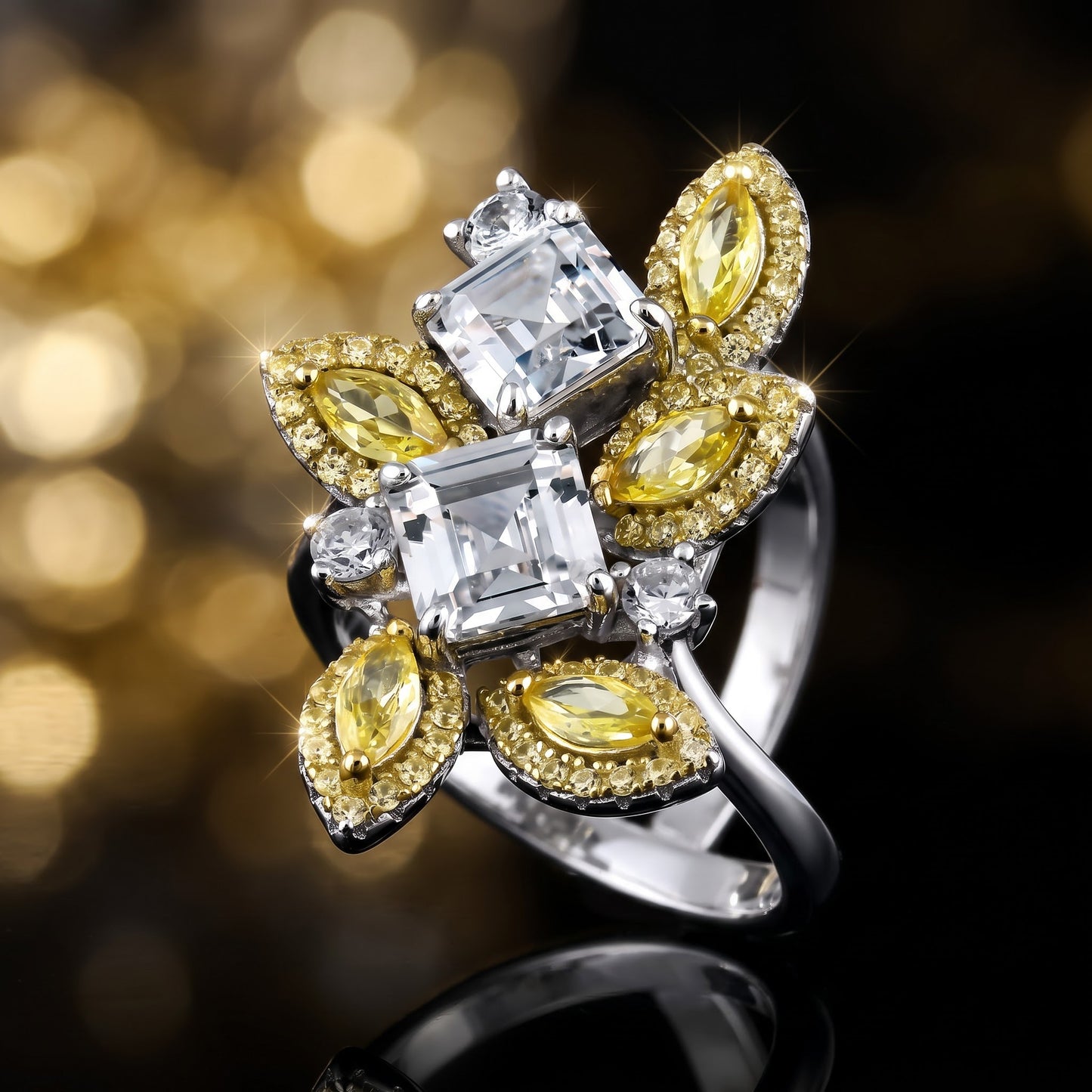 Sterling Silver Yellow & Clear CZ Cluster Ring for Women, Cubic Zirconia, Promise Ring Gift view 4