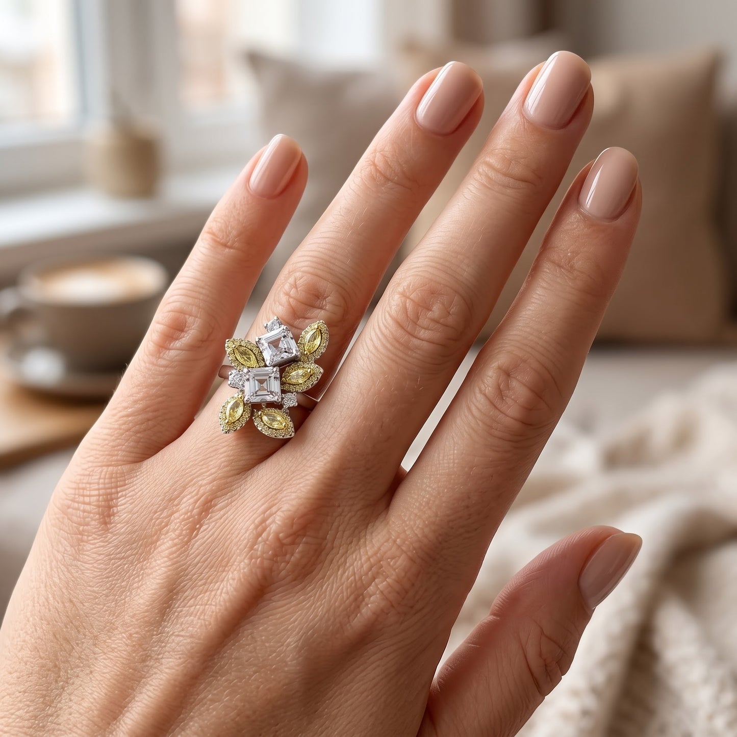 Sterling Silver Yellow & Clear CZ Cluster Ring for Women, Cubic Zirconia, Promise Ring Gift view 5