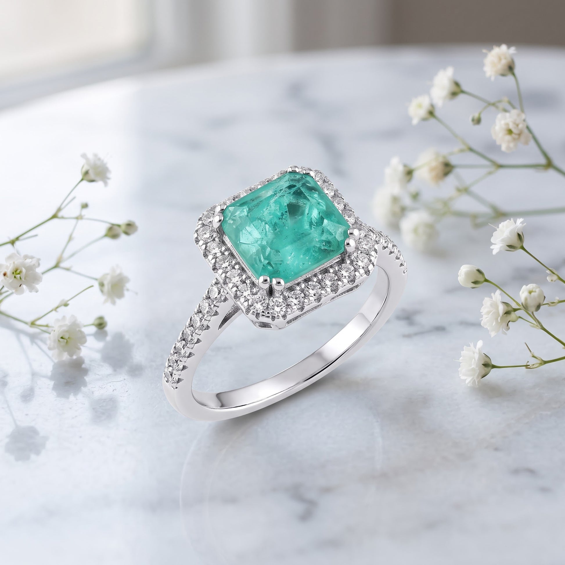 Sterling Silver Teal Square Cut Crackled CZ Halo Ring for Women, Square Cubic Zirconia, Promise Ring Gift view 1
