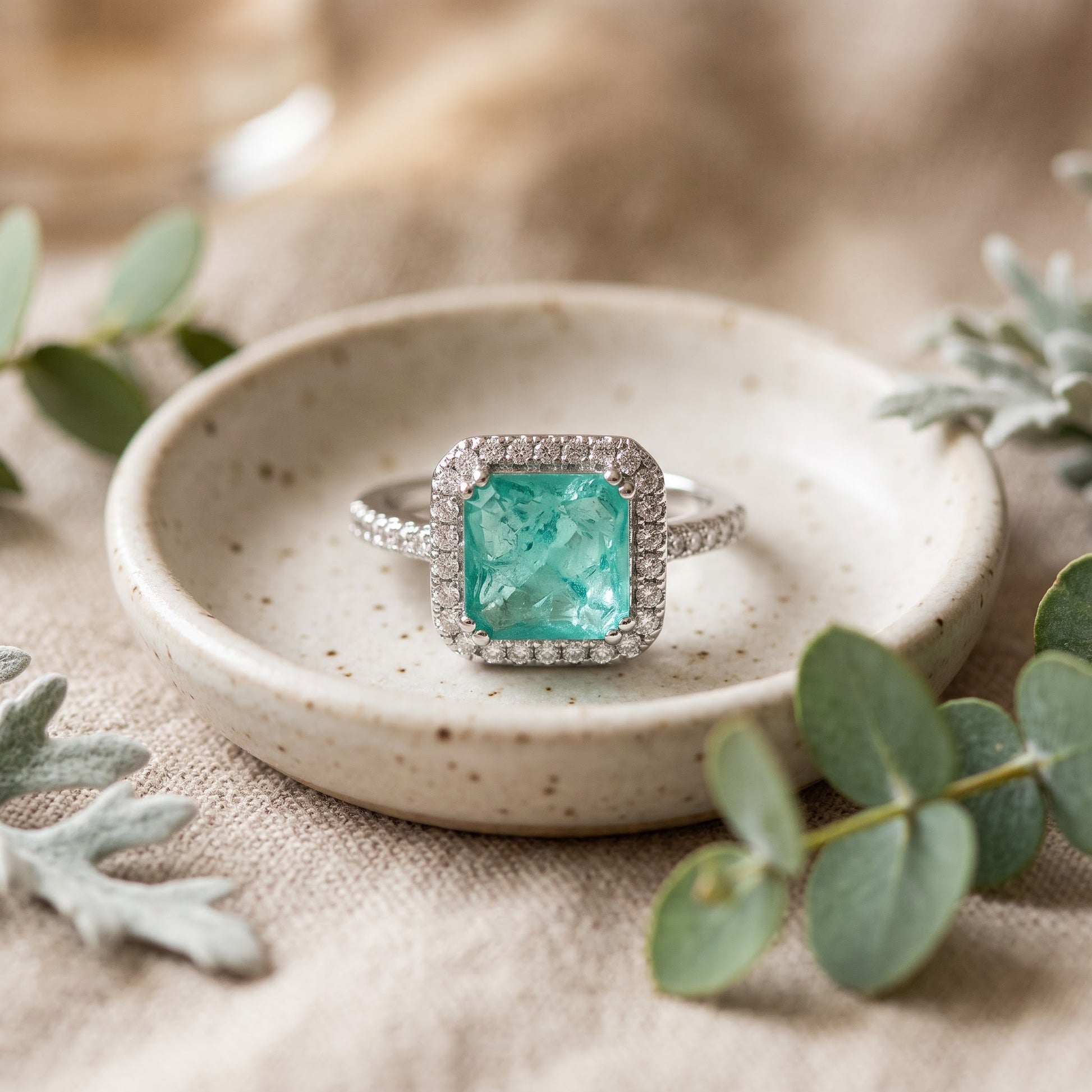Sterling Silver Teal Square Cut Crackled CZ Halo Ring for Women, Square Cubic Zirconia, Promise Ring Gift view 2