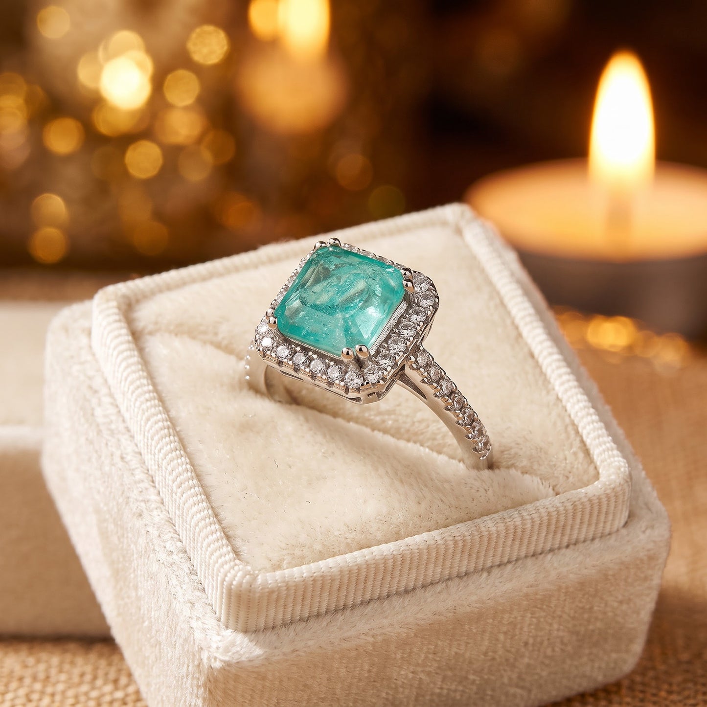Sterling Silver Teal Square Cut Crackled CZ Halo Ring for Women, Square Cubic Zirconia, Promise Ring Gift view 3