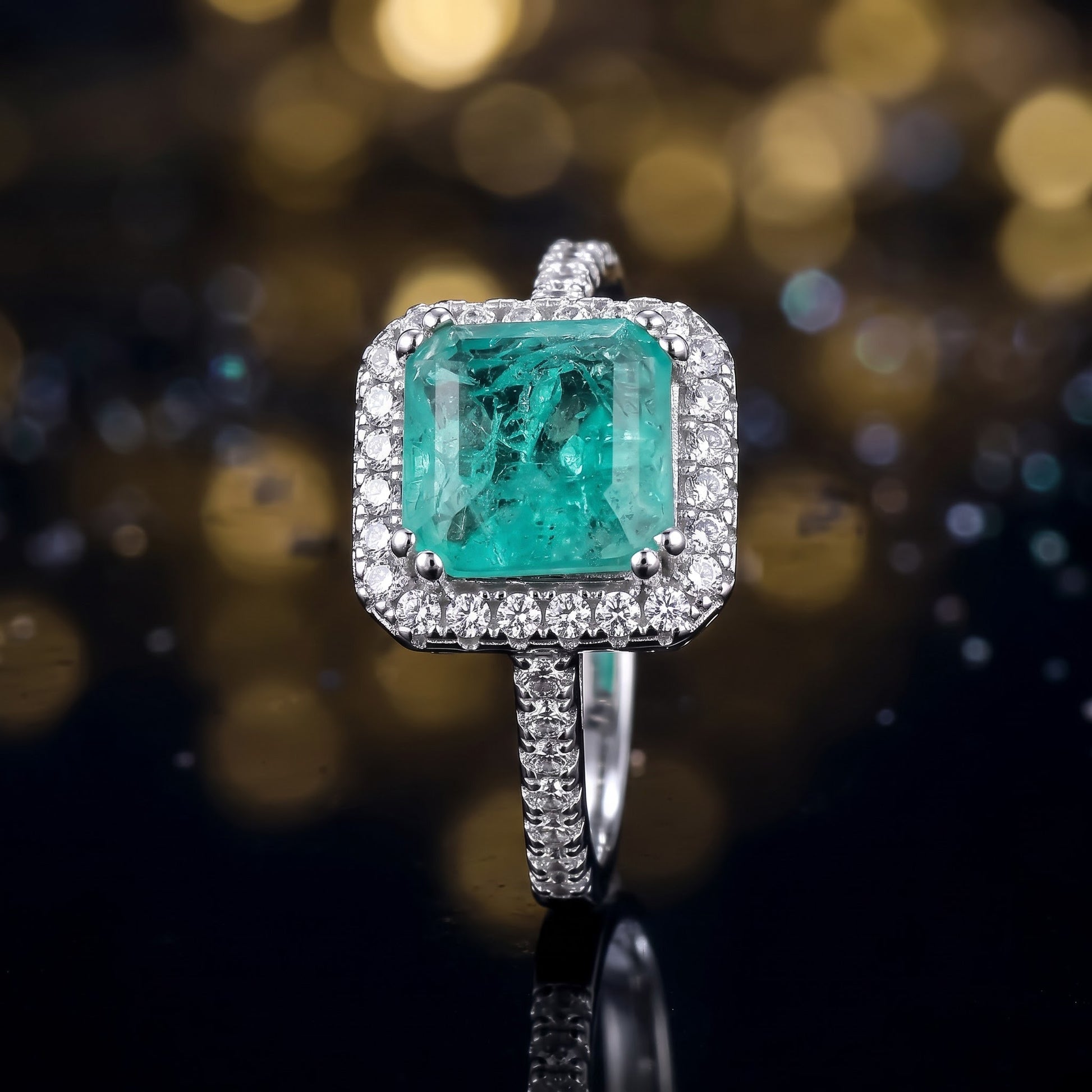 Sterling Silver Teal Square Cut Crackled CZ Halo Ring for Women, Square Cubic Zirconia, Promise Ring Gift view 4