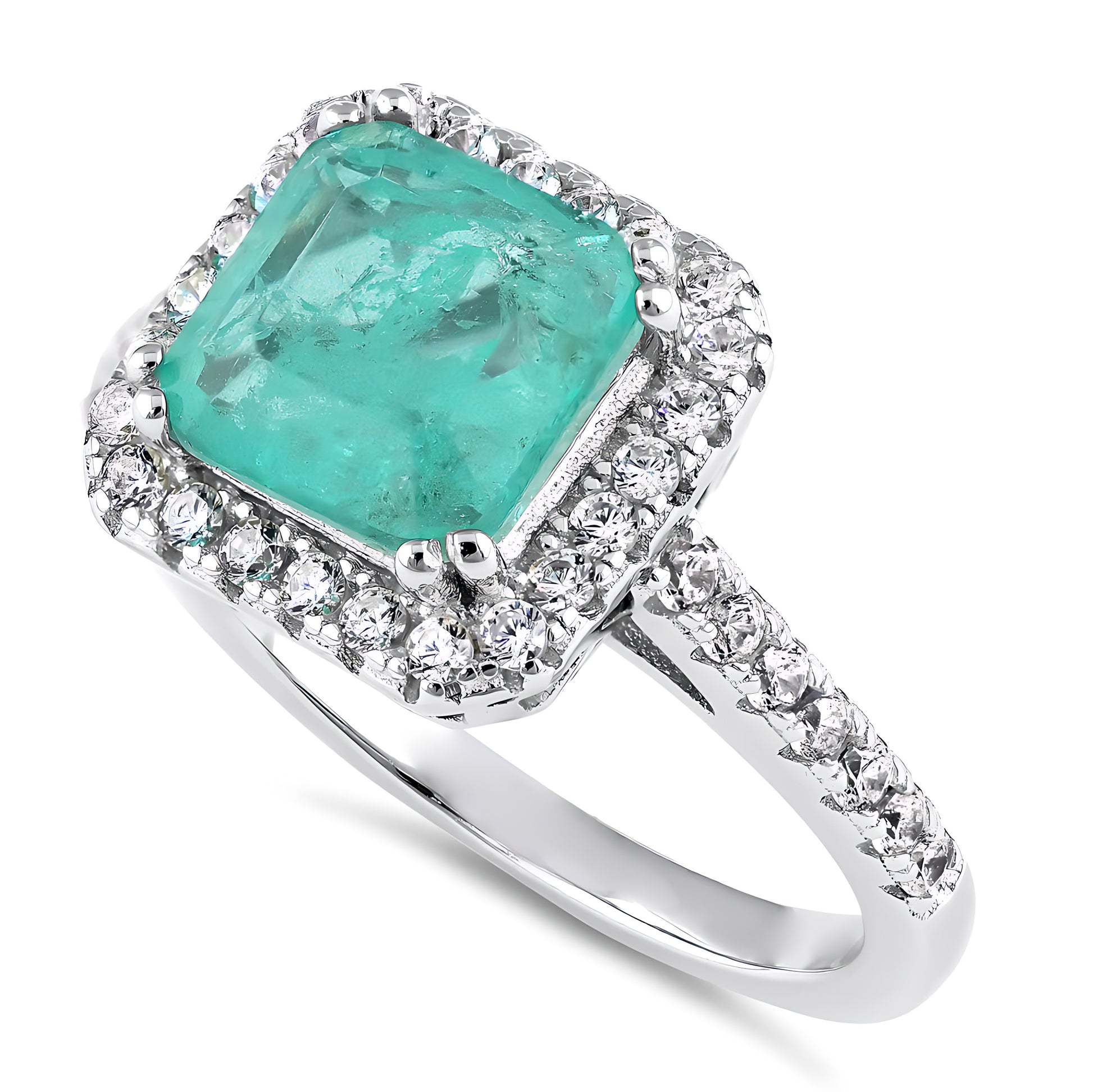 Sterling Silver Teal Square Cut Crackled CZ Halo Ring for Women, Square Cubic Zirconia, Promise Ring Gift