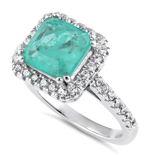 Sterling Silver Teal Square Cut Crackled CZ Halo Ring for Women, Square Cubic Zirconia, Promise Ring Gift