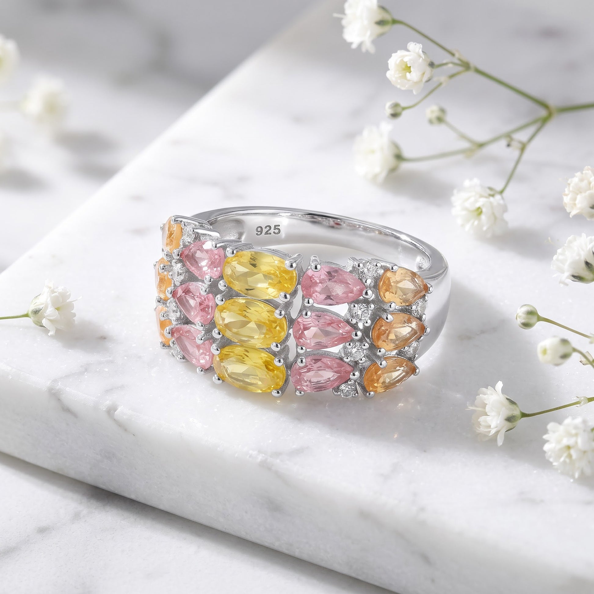Sterling Silver 3-Row Colorful CZ Ring for Women, Cubic Zirconia, Promise Ring Gift view 1