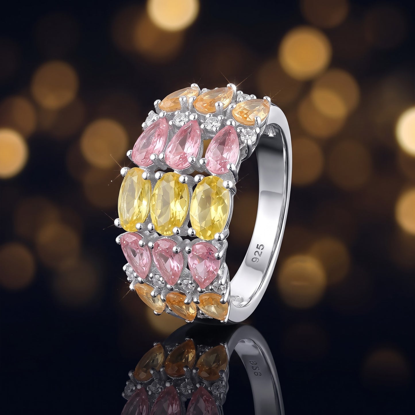 Sterling Silver 3-Row Colorful CZ Ring for Women, Cubic Zirconia, Promise Ring Gift view 4