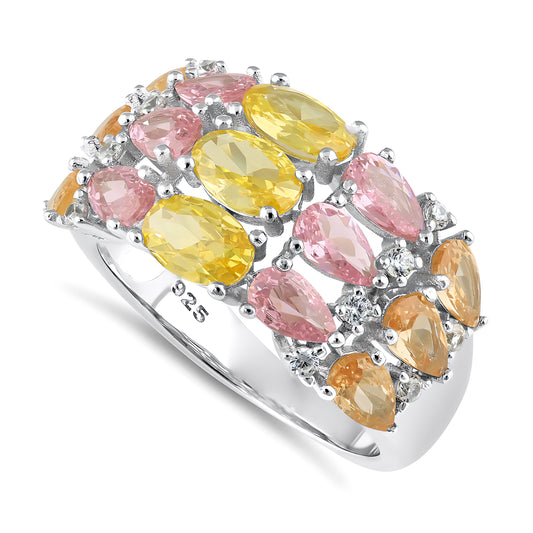 Sterling Silver 3-Row Colorful CZ Ring for Women, Cubic Zirconia, Promise Ring Gift