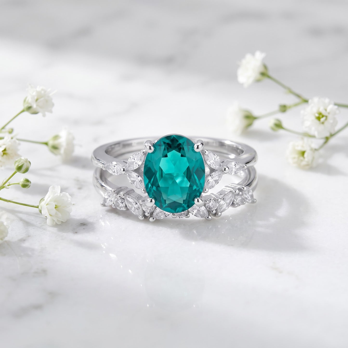 Sterling Silver Yellow Gold Plated Teal Oval Cut CZ Engagement Set Ring for Women, Oval Cubic Zirconia, Promise Ring Gift view 1
