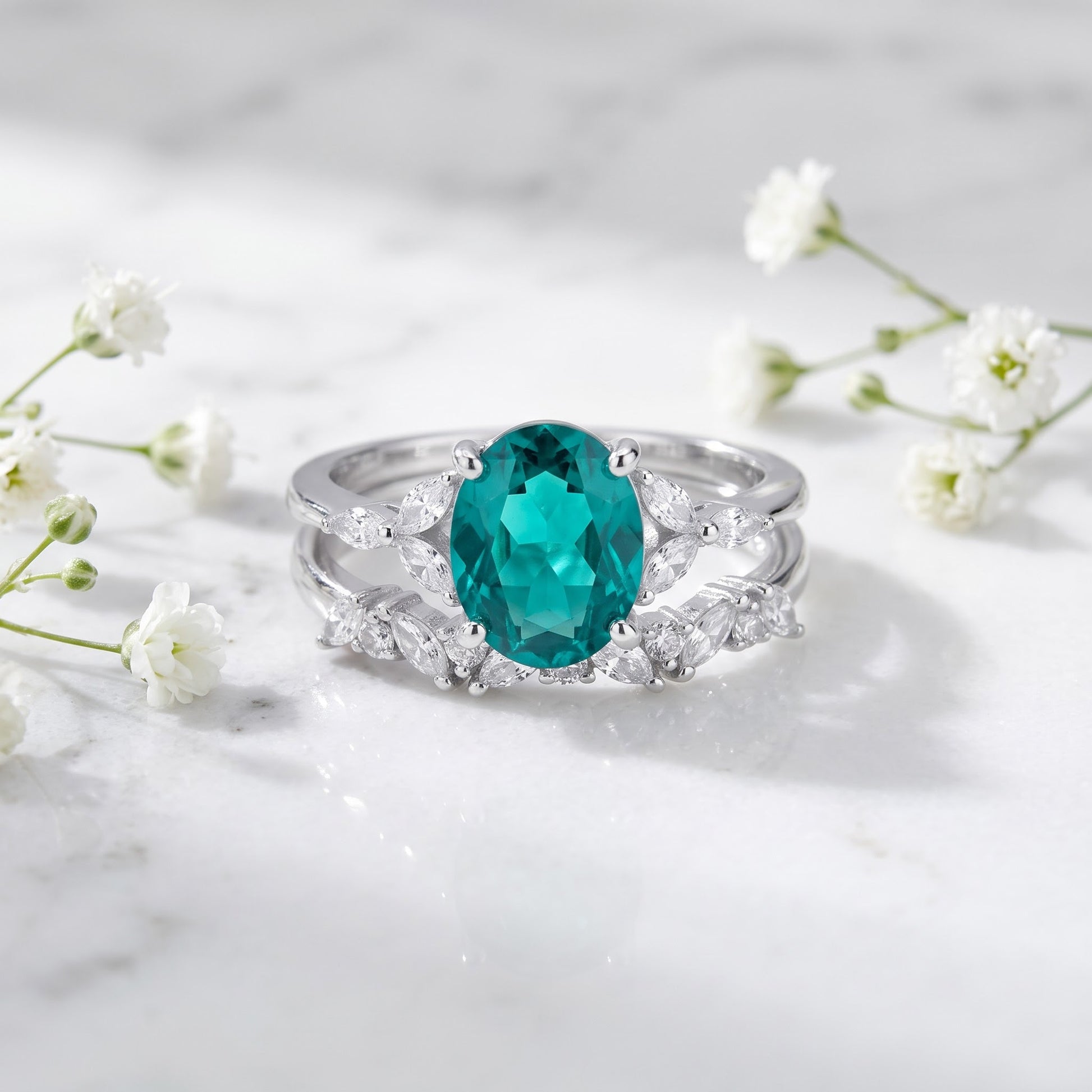 Sterling Silver Yellow Gold Plated Teal Oval Cut CZ Engagement Set Ring for Women, Oval Cubic Zirconia, Promise Ring Gift view 1