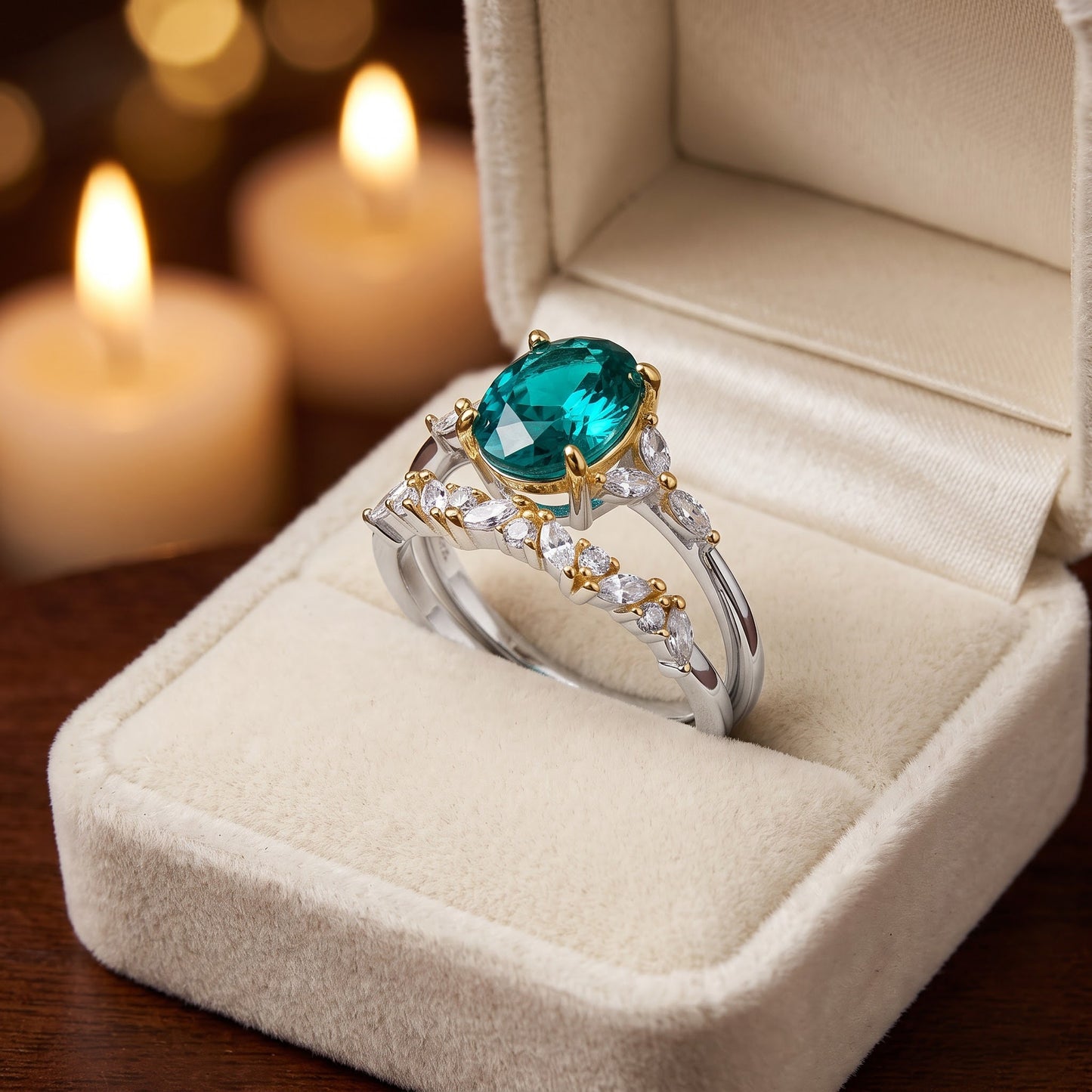 Sterling Silver Yellow Gold Plated Teal Oval Cut CZ Engagement Set Ring for Women, Oval Cubic Zirconia, Promise Ring Gift view 3