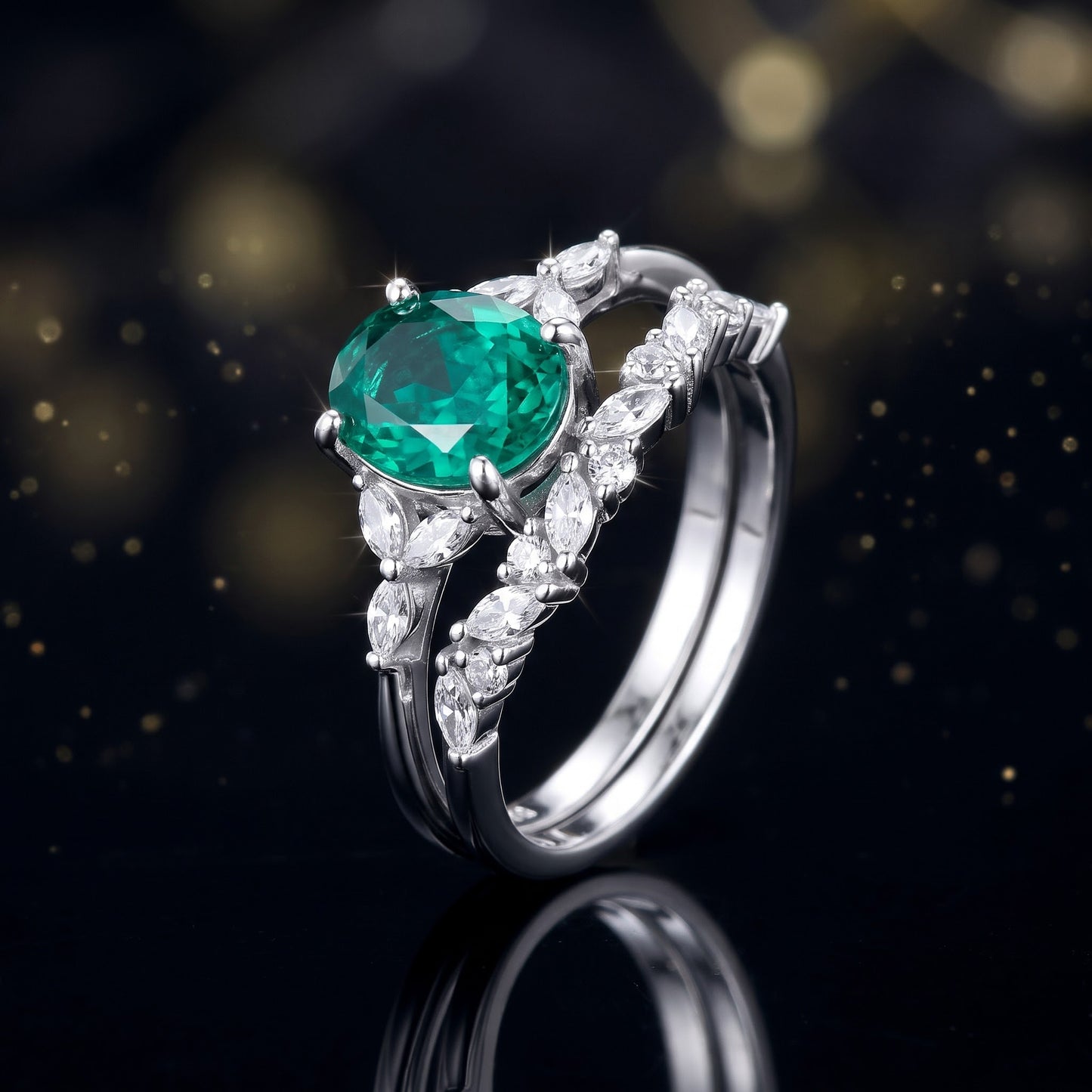 Sterling Silver Yellow Gold Plated Teal Oval Cut CZ Engagement Set Ring for Women, Oval Cubic Zirconia, Promise Ring Gift view 4