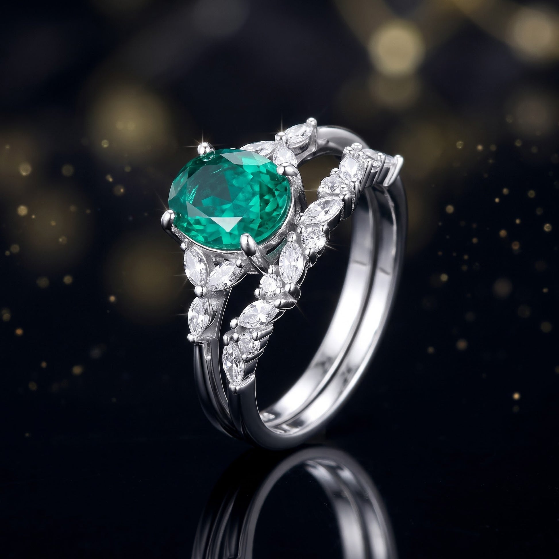 Sterling Silver Yellow Gold Plated Teal Oval Cut CZ Engagement Set Ring for Women, Oval Cubic Zirconia, Promise Ring Gift view 4
