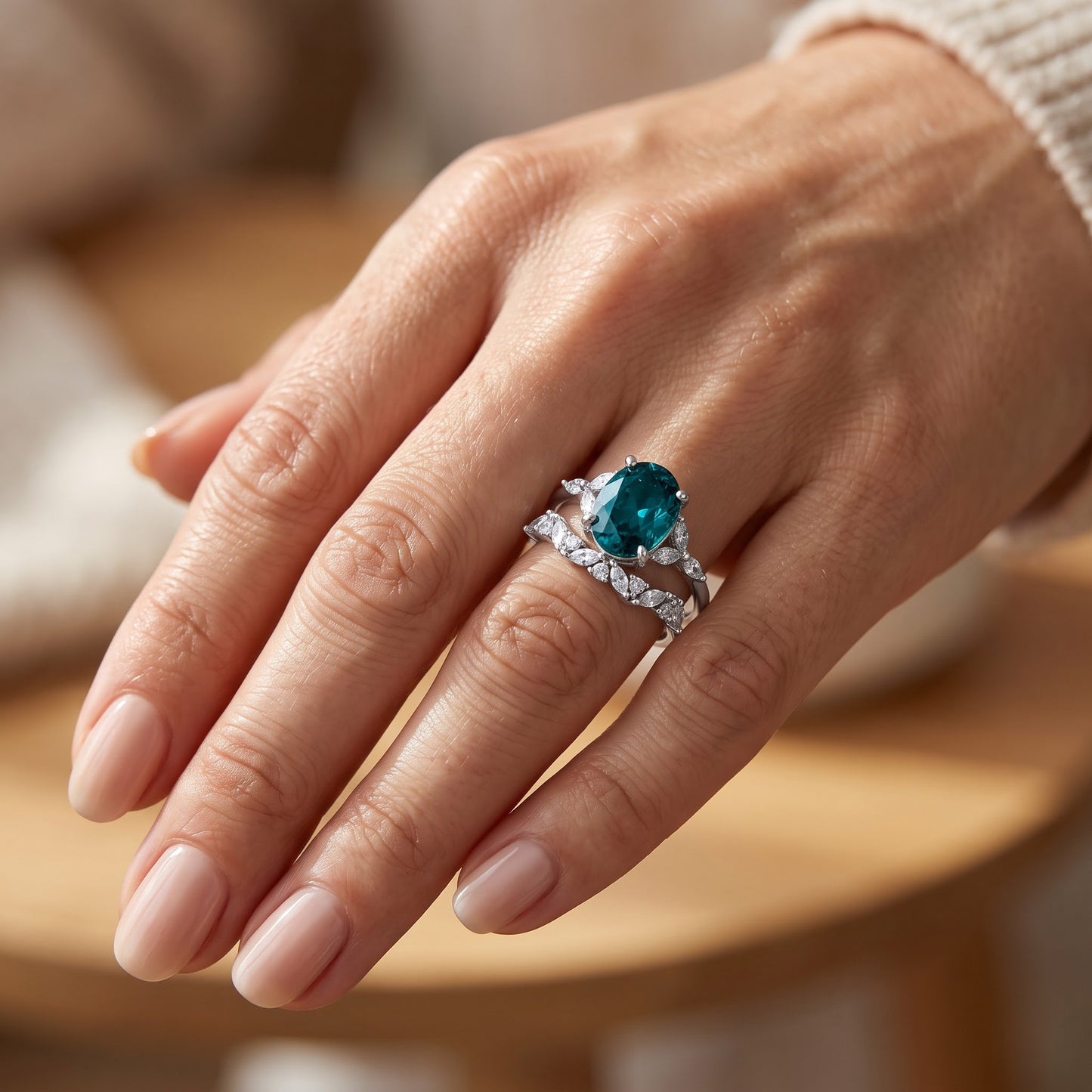 Sterling Silver Yellow Gold Plated Teal Oval Cut CZ Engagement Set Ring for Women, Oval Cubic Zirconia, Promise Ring Gift view 5