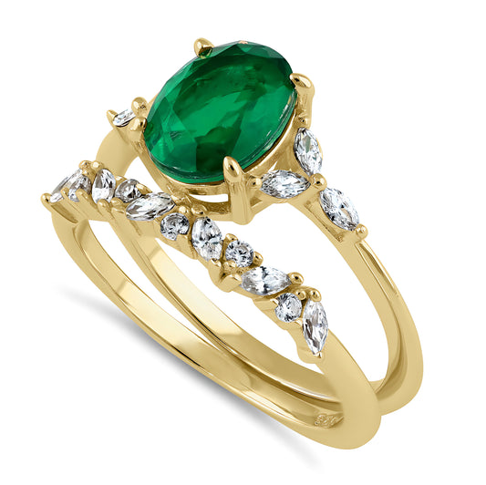 Sterling Silver Yellow Gold Plated Teal Oval Cut CZ Engagement Set Ring for Women, Oval Cubic Zirconia, Promise Ring Gift