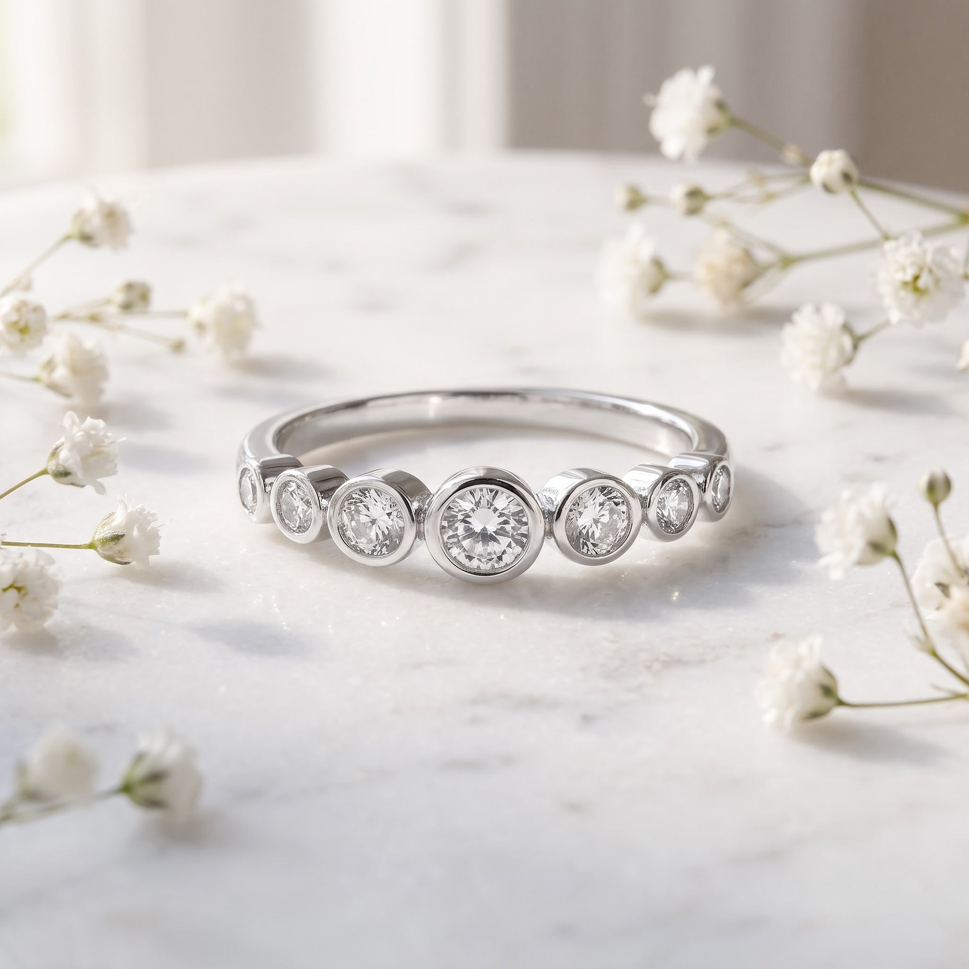 Sterling Silver Half Eternity Round CZ Bezel Ring for Women, Round Cubic Zirconia, Promise Ring Gift view 1