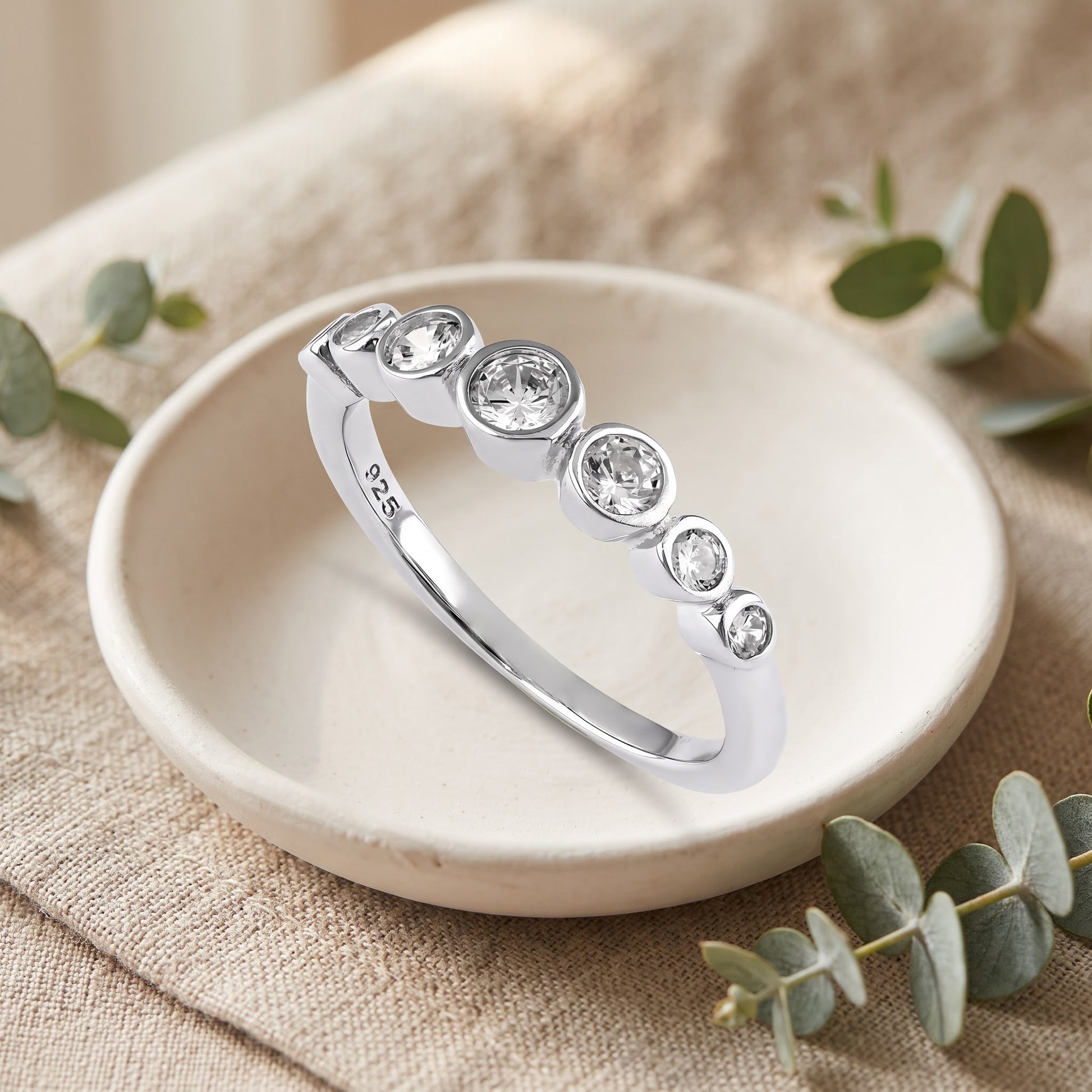 Sterling Silver Half Eternity Round CZ Bezel Ring for Women, Round Cubic Zirconia, Promise Ring Gift view 2