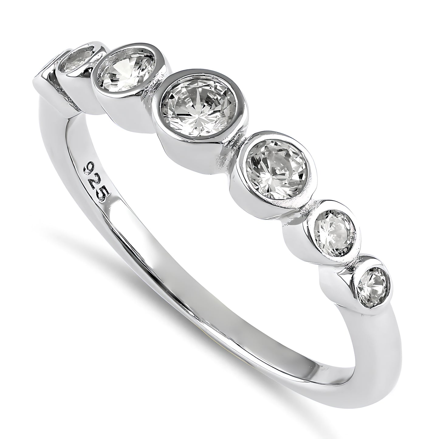 Sterling Silver Half Eternity Round CZ Bezel Ring for Women, Round Cubic Zirconia, Promise Ring Gift