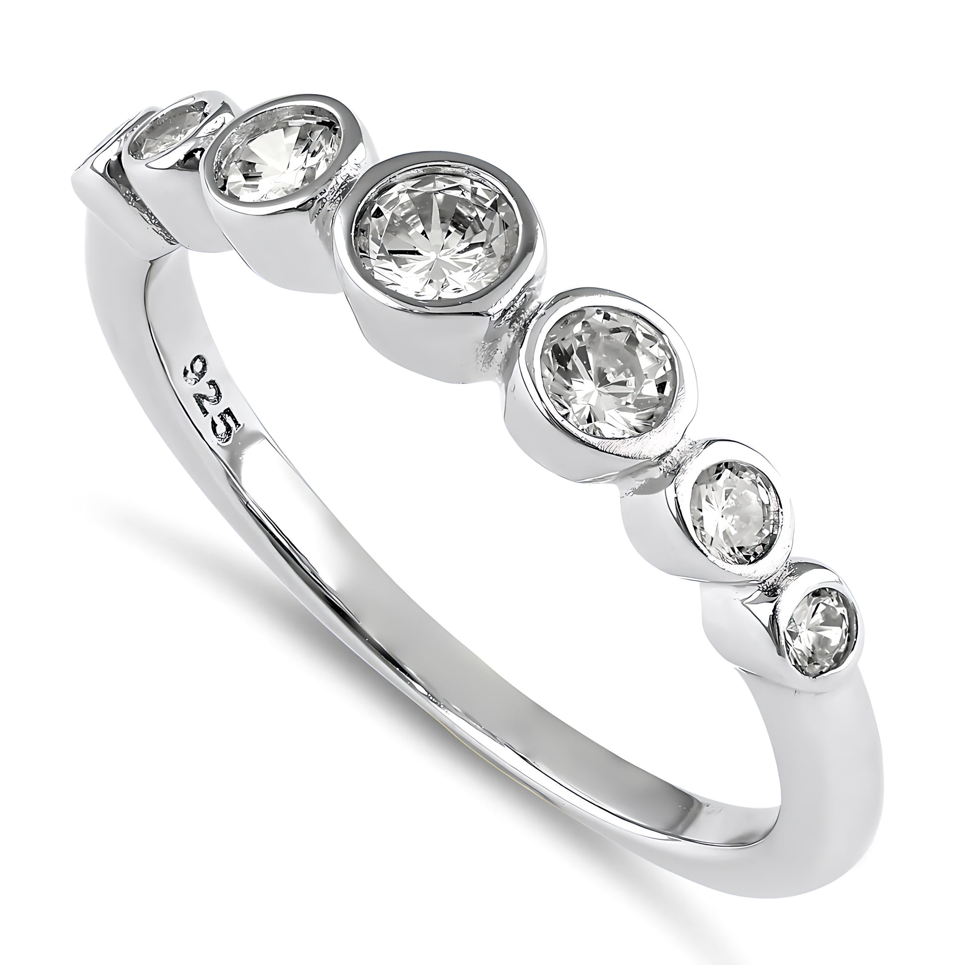 Sterling Silver Half Eternity Round CZ Bezel Ring for Women, Round Cubic Zirconia, Promise Ring Gift