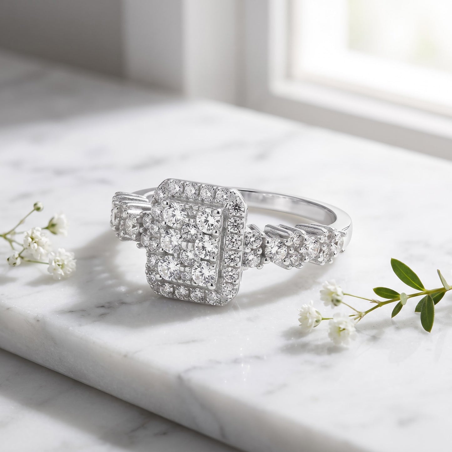 Sterling Silver Rectangle CZ Halo Cluster Ring for Women, Cubic Zirconia, Promise Ring Gift view 1