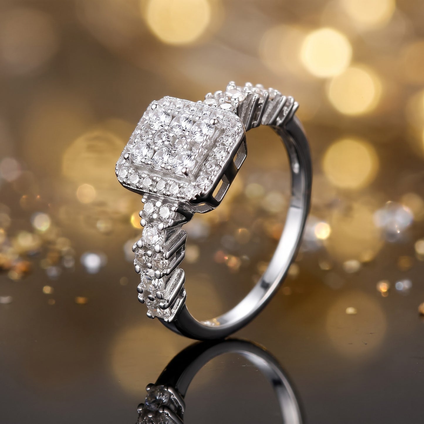 Sterling Silver Rectangle CZ Halo Cluster Ring for Women, Cubic Zirconia, Promise Ring Gift view 4