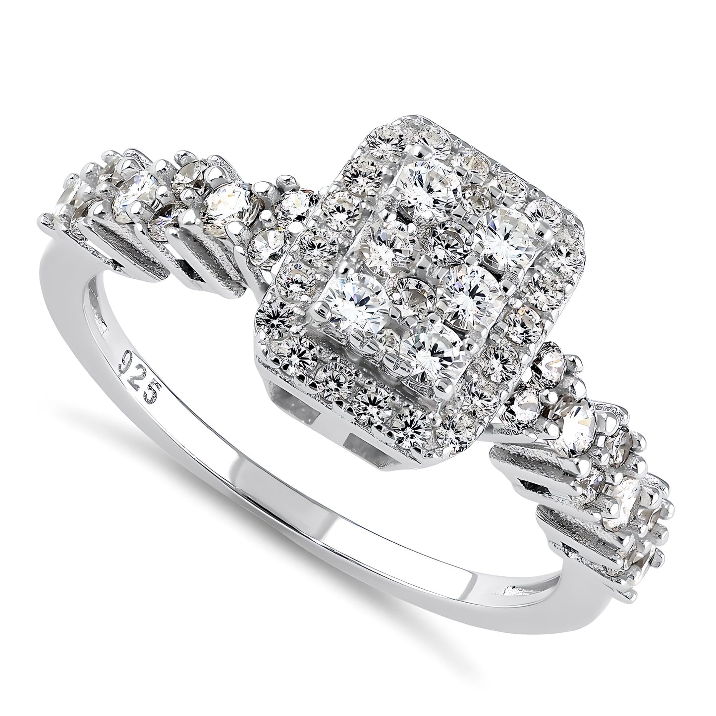 Sterling Silver Rectangle CZ Halo Cluster Ring for Women, Cubic Zirconia, Promise Ring Gift
