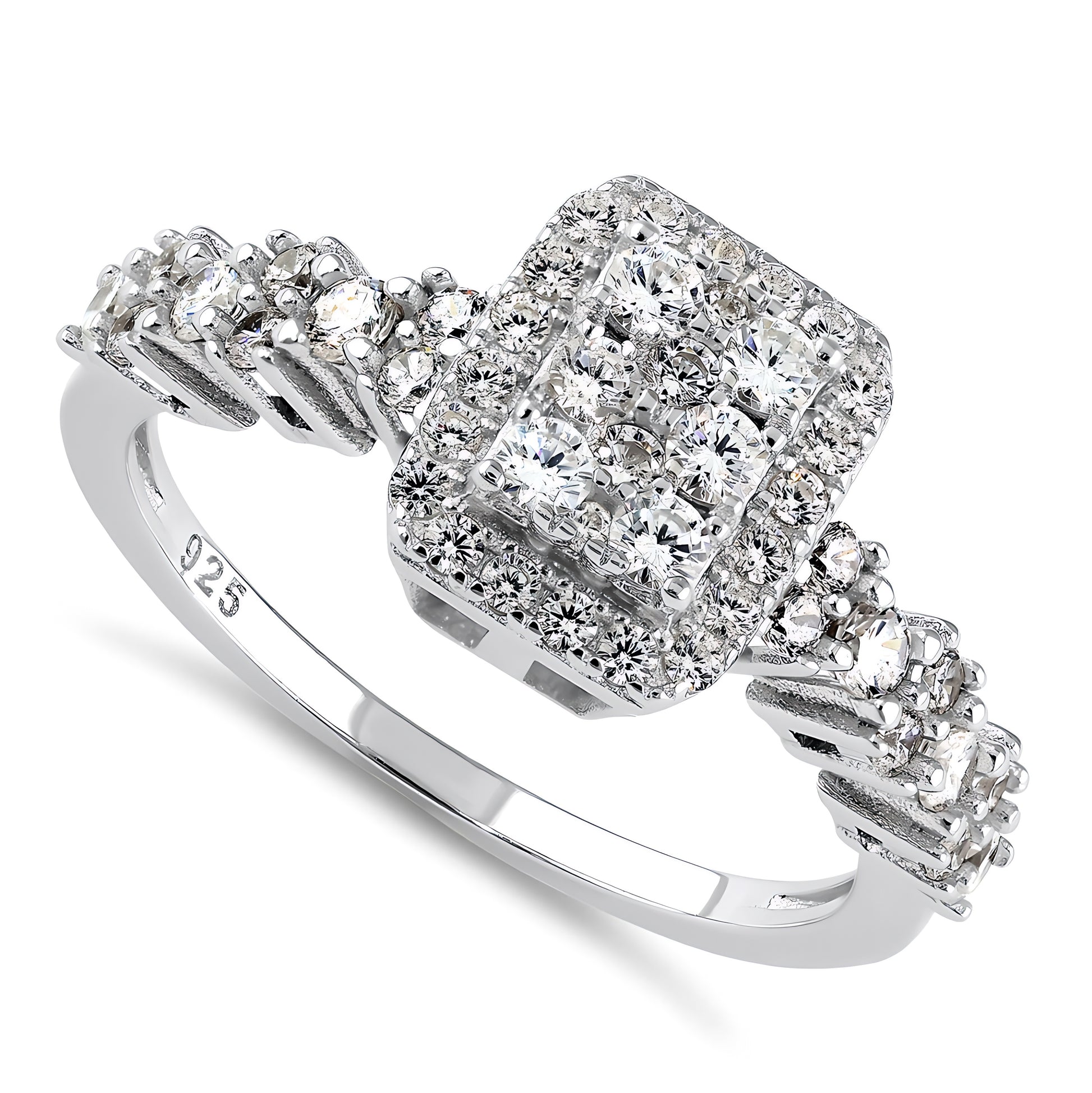 Sterling Silver Rectangle CZ Halo Cluster Ring for Women, Cubic Zirconia, Promise Ring Gift