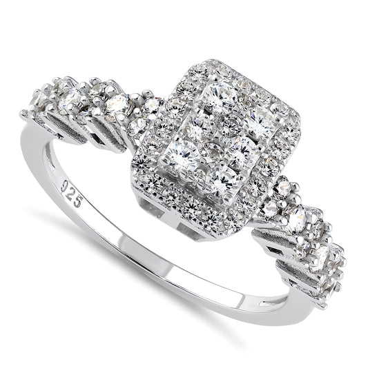 Sterling Silver Rectangle CZ Halo Cluster Ring for Women, Cubic Zirconia, Promise Ring Gift