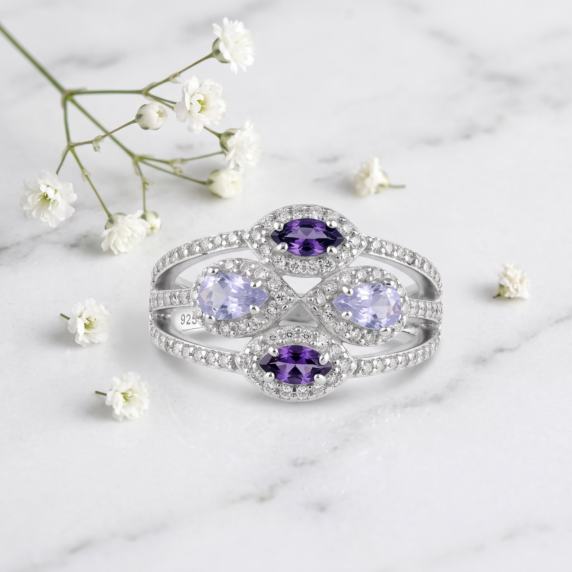 Sterling Silver Two-Tone Amethyst Clover CZ Ring for Women, Cubic Zirconia, Promise Ring Gift view 1