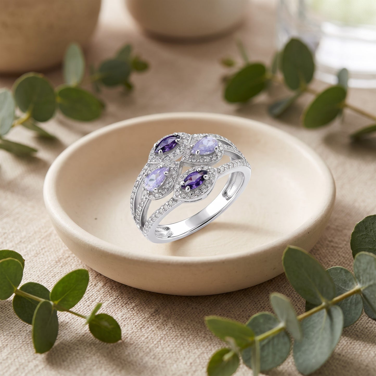 Sterling Silver Two-Tone Amethyst Clover CZ Ring for Women, Cubic Zirconia, Promise Ring Gift view 2