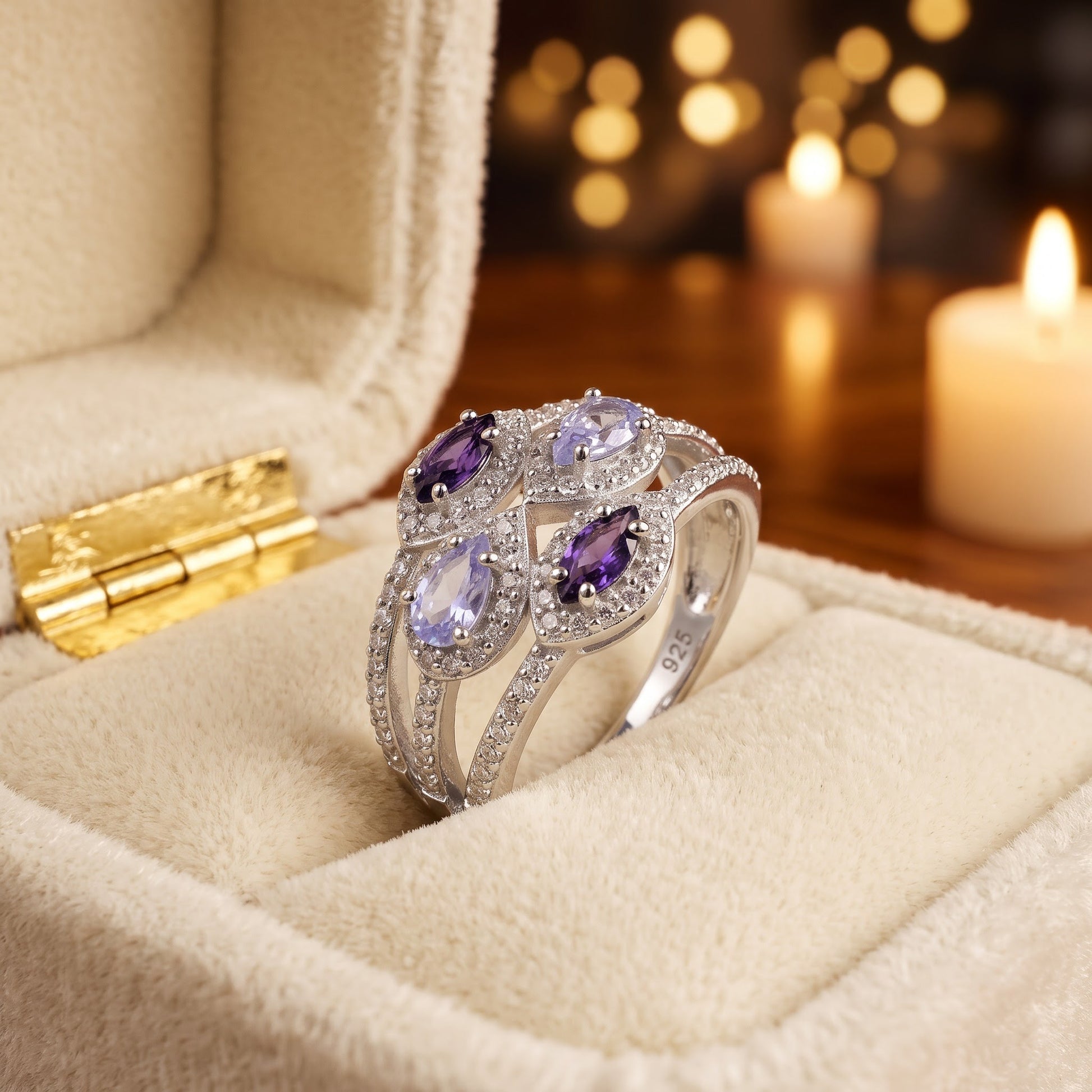 Sterling Silver Two-Tone Amethyst Clover CZ Ring for Women, Cubic Zirconia, Promise Ring Gift view 3