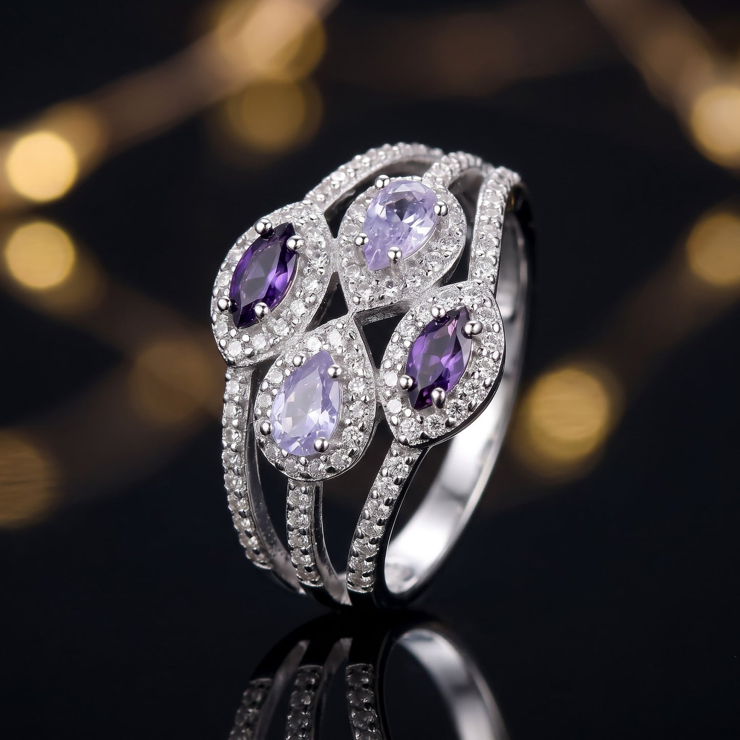 Sterling Silver Two-Tone Amethyst Clover CZ Ring for Women, Cubic Zirconia, Promise Ring Gift view 4