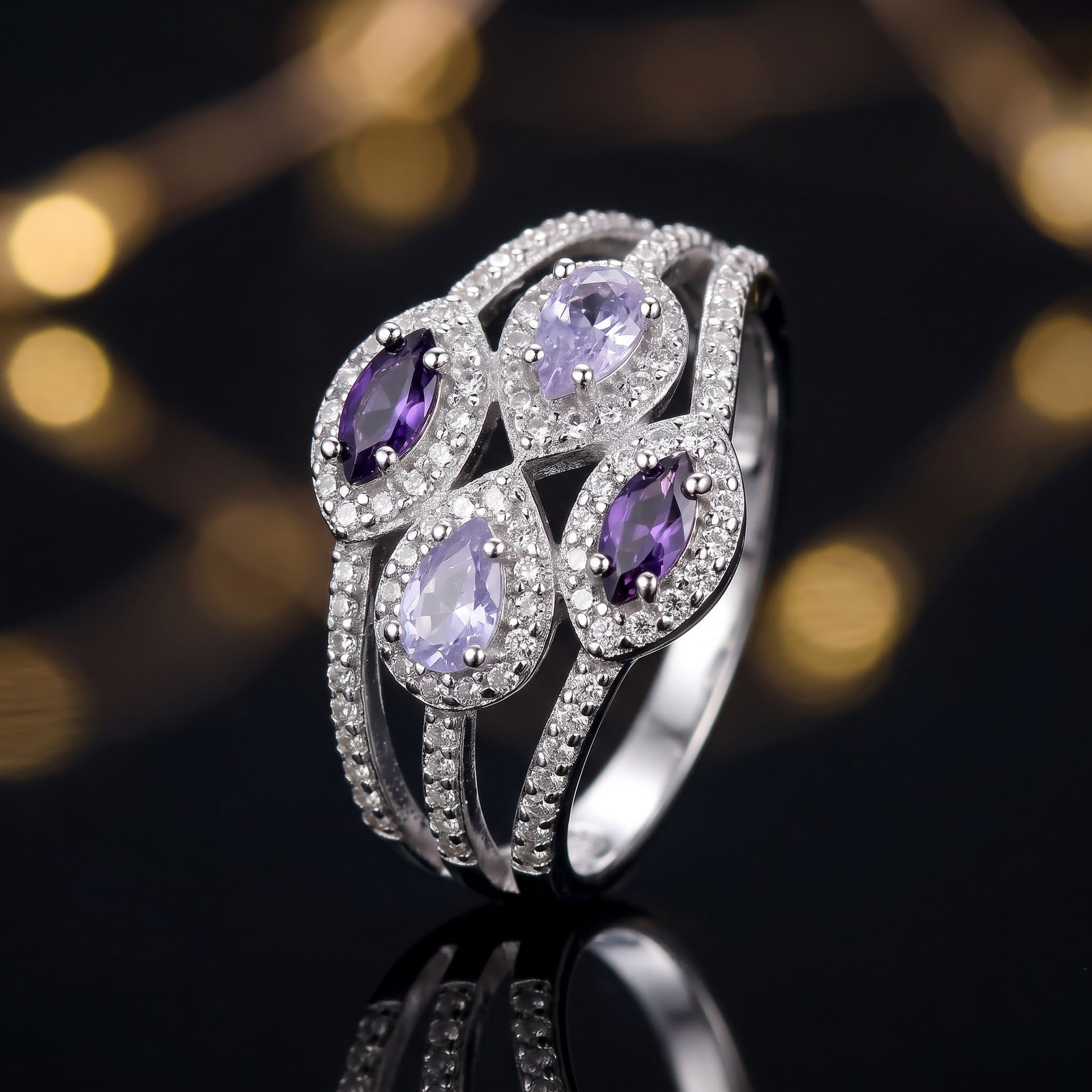 Sterling Silver Two-Tone Amethyst Clover CZ Ring for Women, Cubic Zirconia, Promise Ring Gift view 4