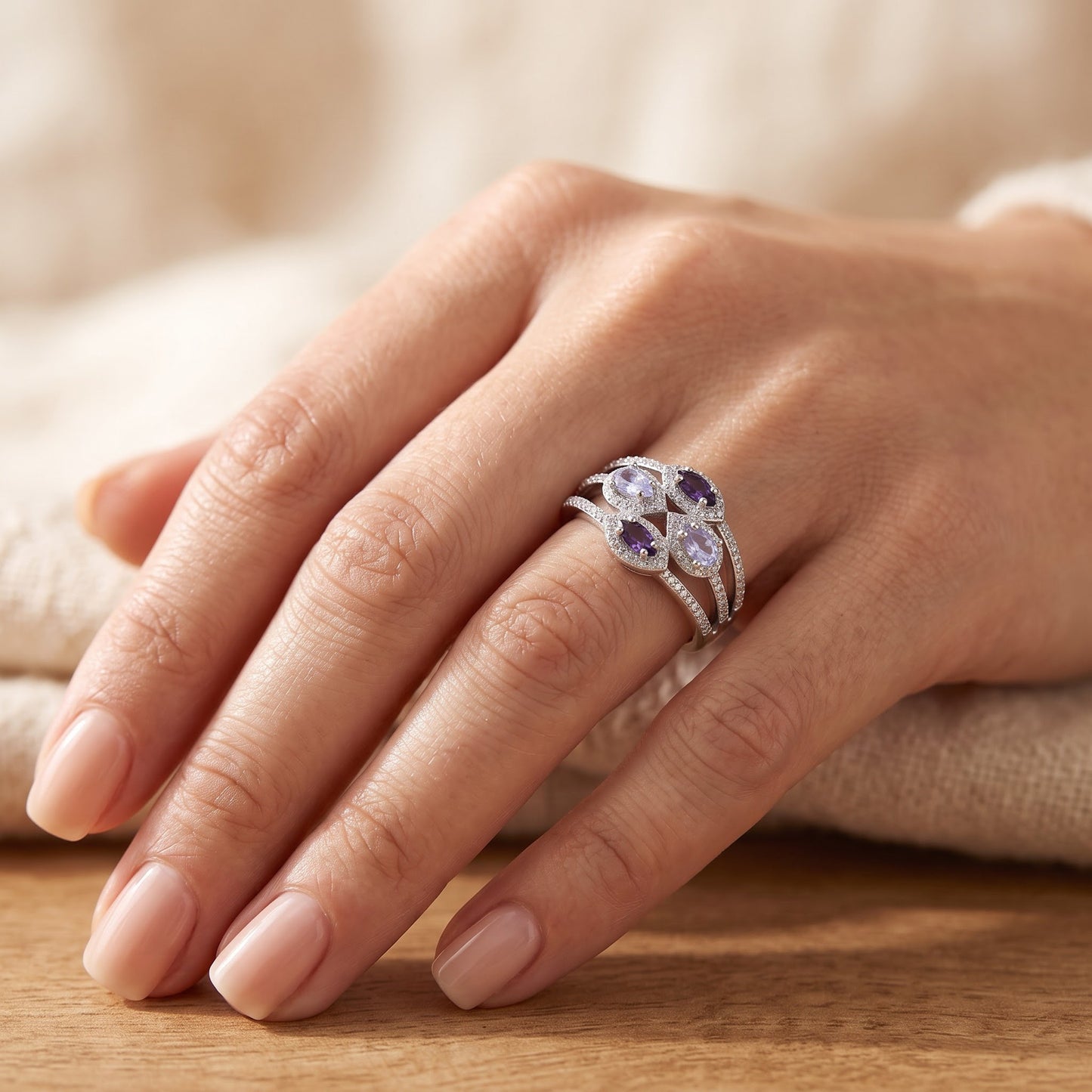 Sterling Silver Two-Tone Amethyst Clover CZ Ring for Women, Cubic Zirconia, Promise Ring Gift view 5