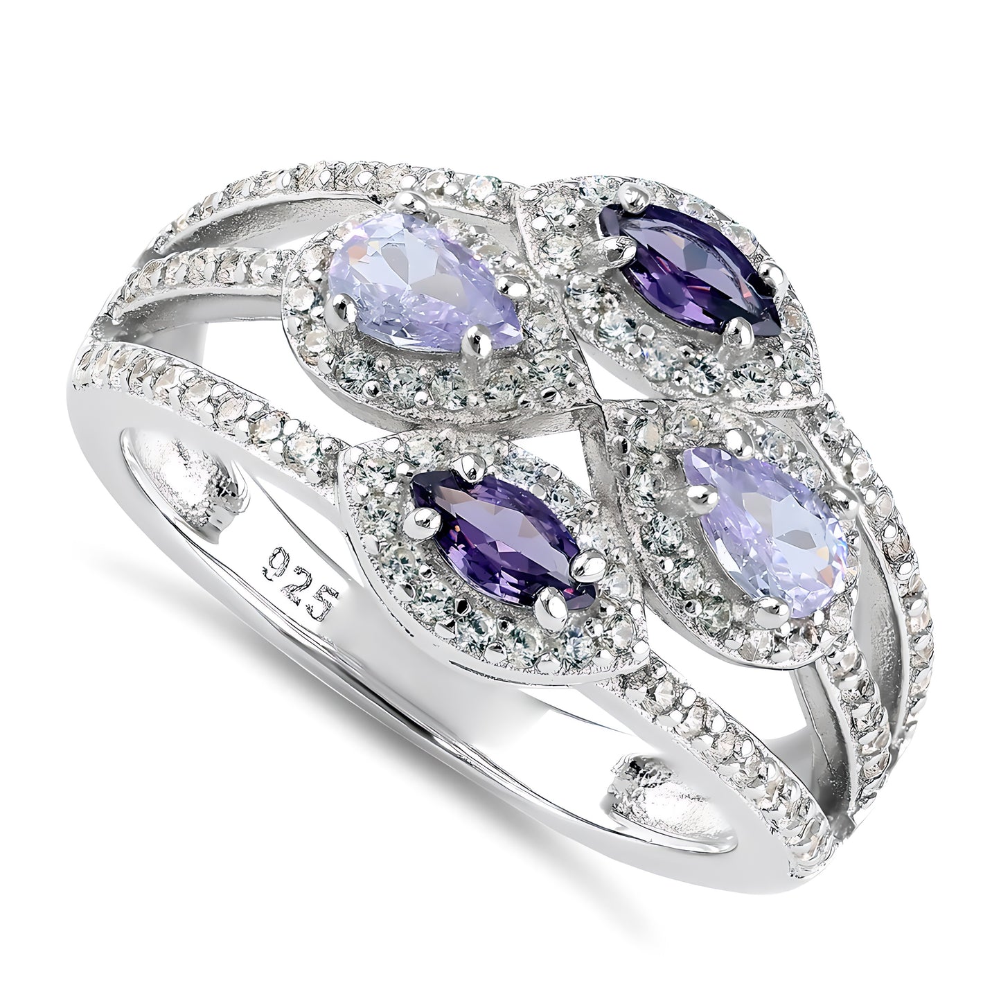 Sterling Silver Two-Tone Amethyst Clover CZ Ring for Women, Cubic Zirconia, Promise Ring Gift