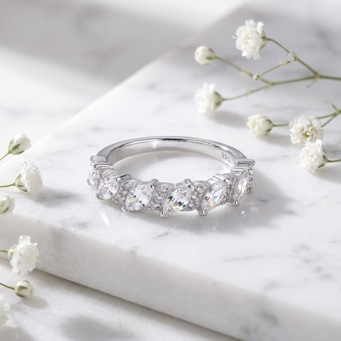 Sterling Silver Half Eternity Marquize & Round CZ Wedding Band Ring for Women, Round Cubic Zirconia, Promise Ring Gift view 1