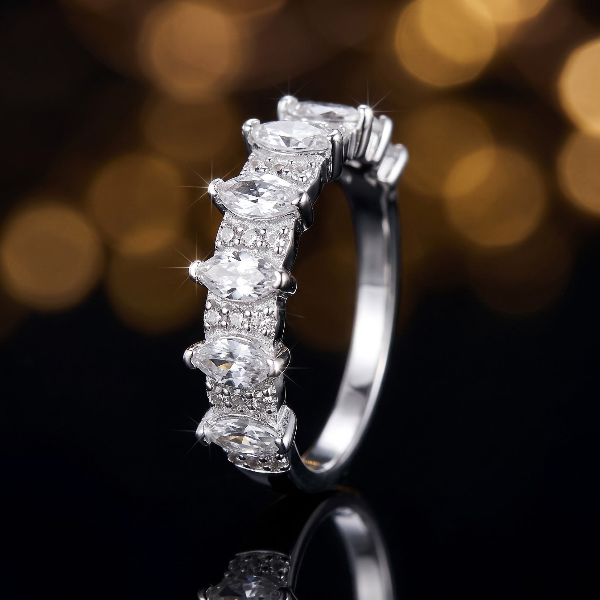 Sterling Silver Half Eternity Marquize & Round CZ Wedding Band Ring for Women, Round Cubic Zirconia, Promise Ring Gift view 4