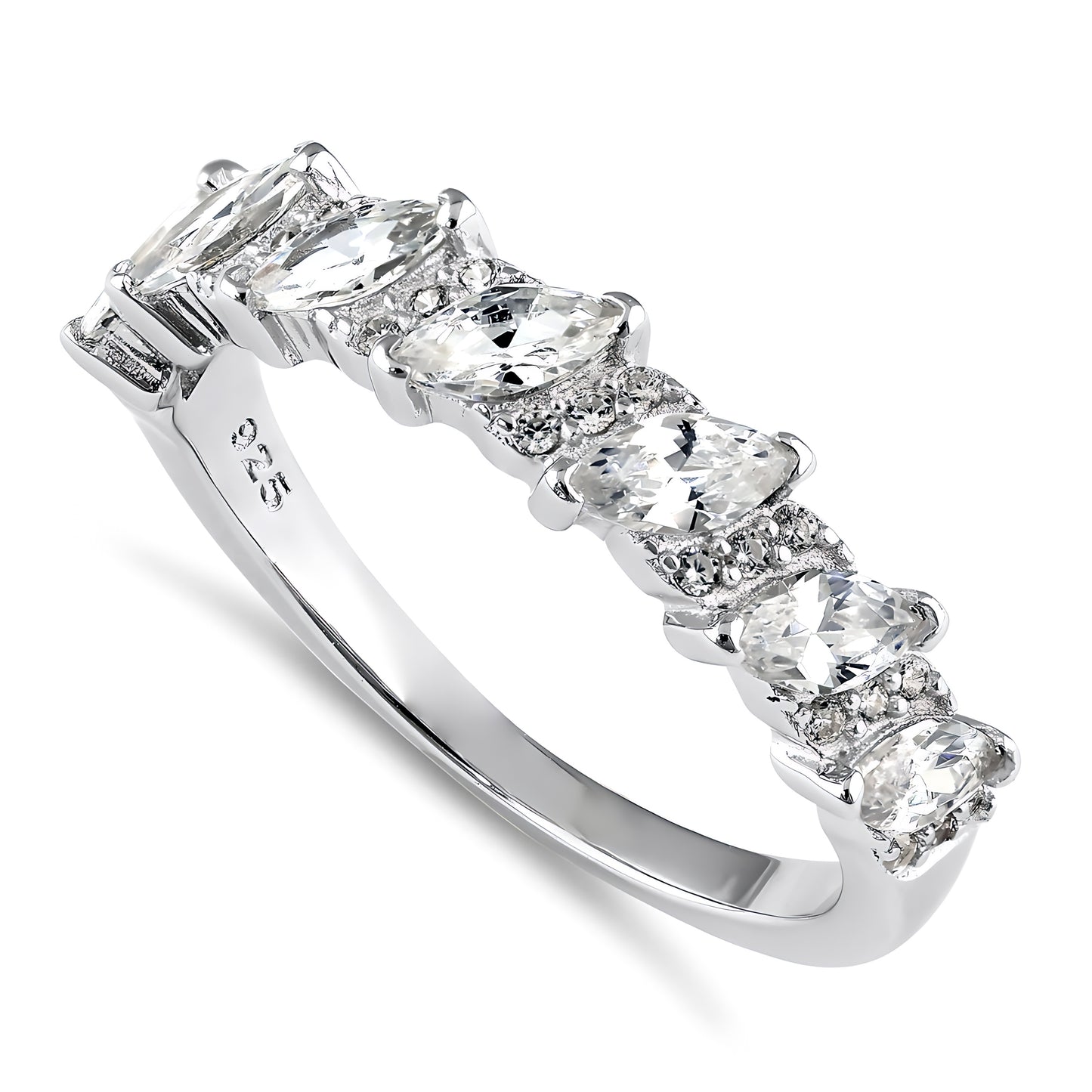 Sterling Silver Half Eternity Marquize & Round CZ Wedding Band Ring for Women, Round Cubic Zirconia, Promise Ring Gift