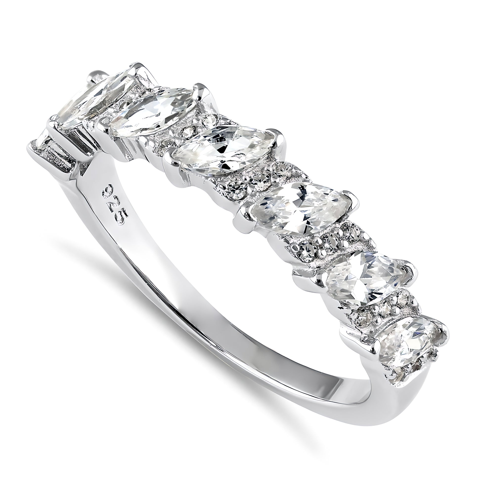 Sterling Silver Half Eternity Marquize & Round CZ Wedding Band Ring for Women, Round Cubic Zirconia, Promise Ring Gift