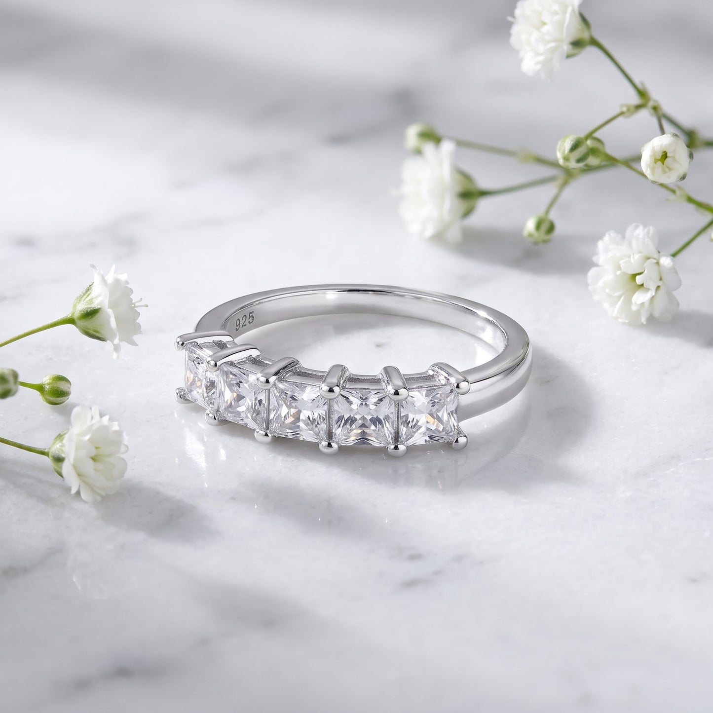 Sterling Silver Quintuple Princess Cut CZ Ring for Women, Princess Cubic Zirconia, Promise Ring Gift view 1